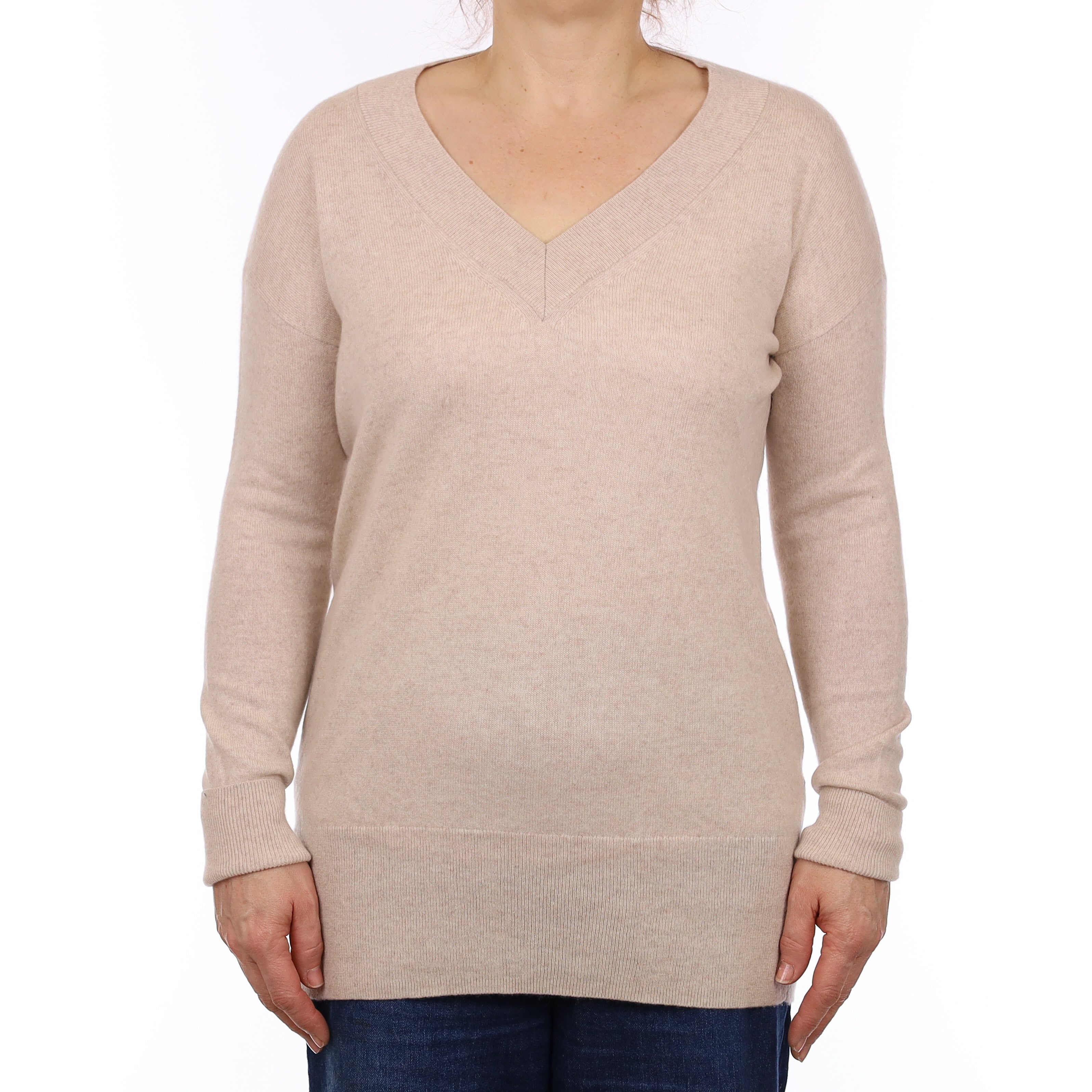 Oatmeal Cashmere Longline V Neck Jumper Medium