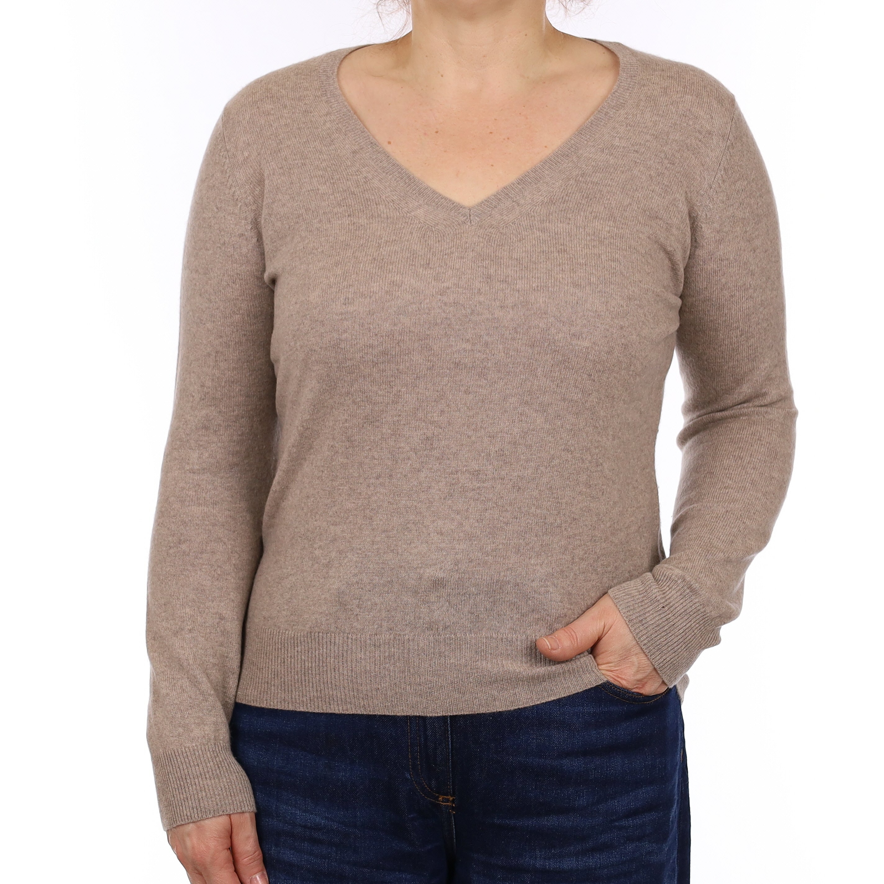 Fawn Marl Cashmere V Neck Jumper Medium
