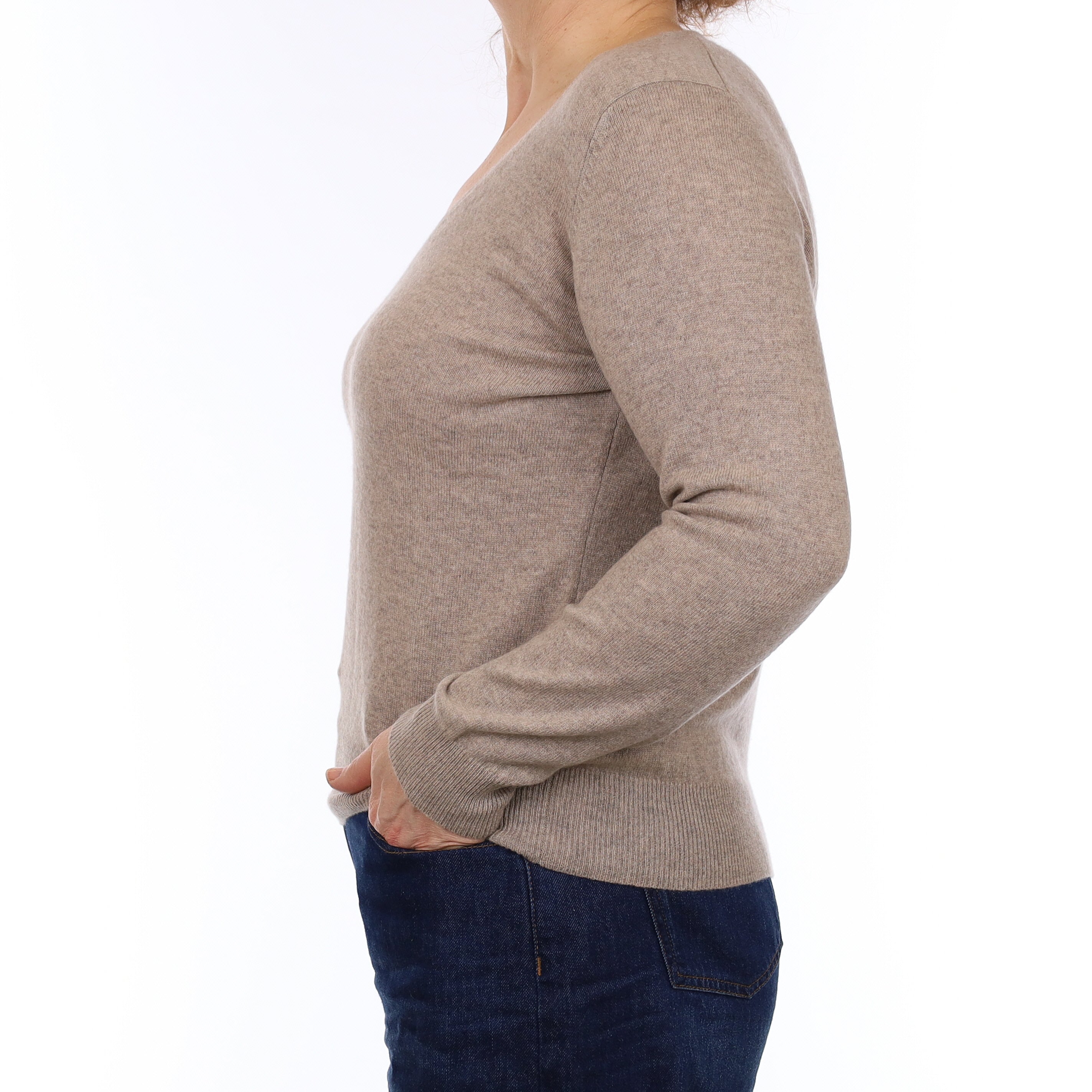 Fawn Marl Cashmere V Neck Jumper Medium