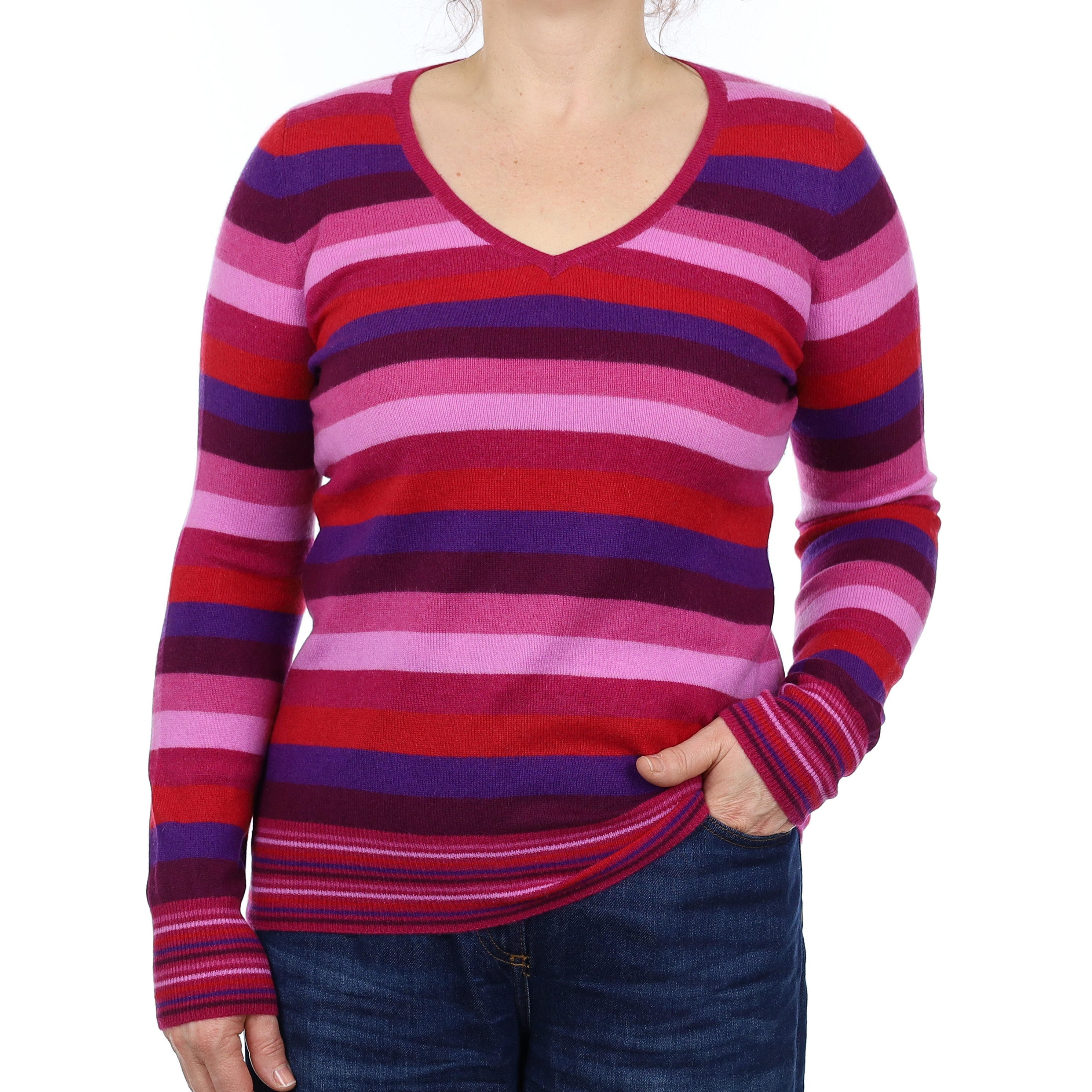 Magenta Stripe Cashmere V Neck Jumper Medium