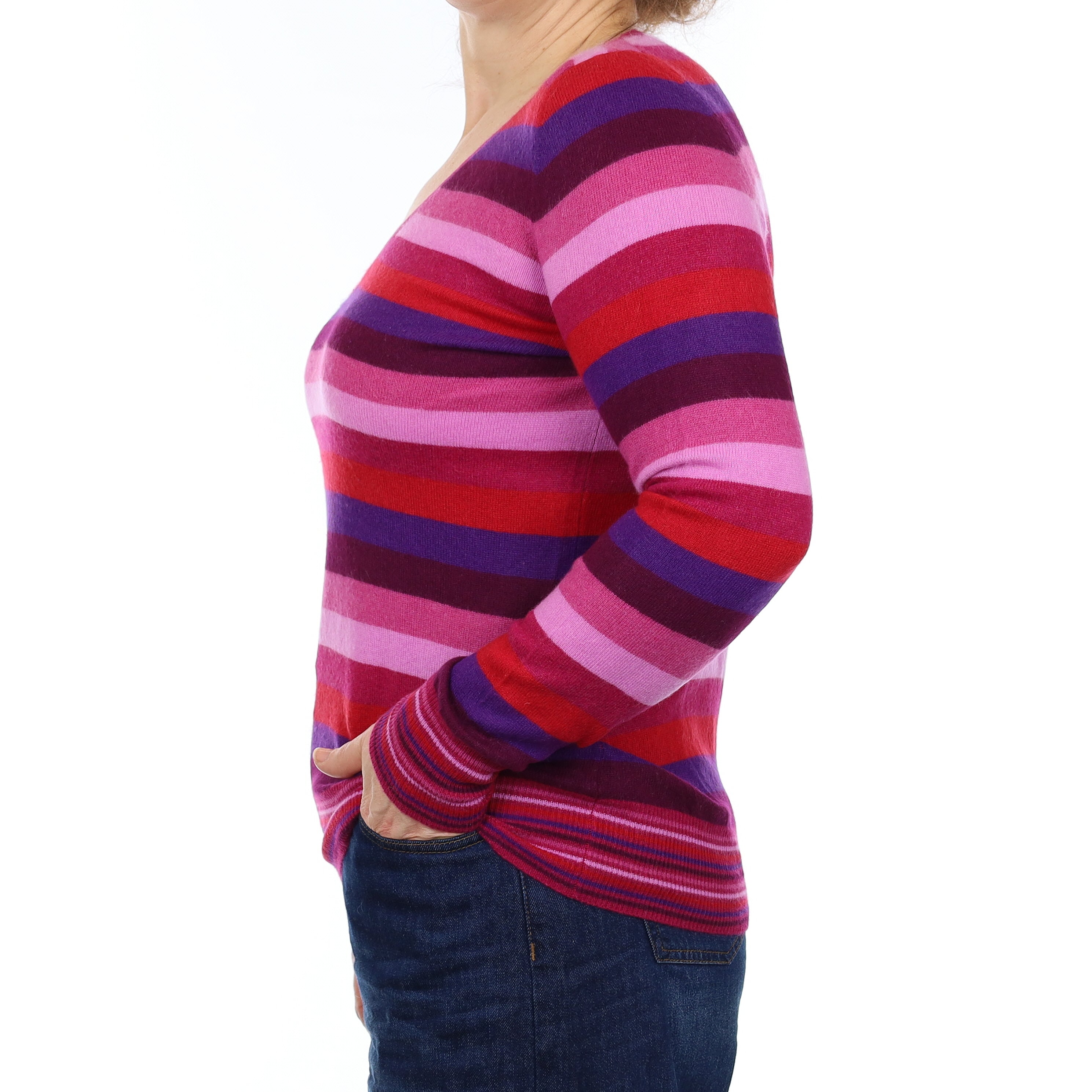 Magenta Stripe Cashmere V Neck Jumper Medium