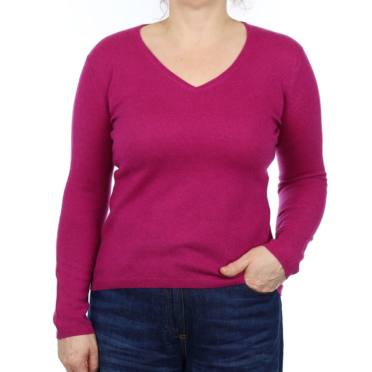 Magenta Pink Cashmere V Neck Jumper Medium