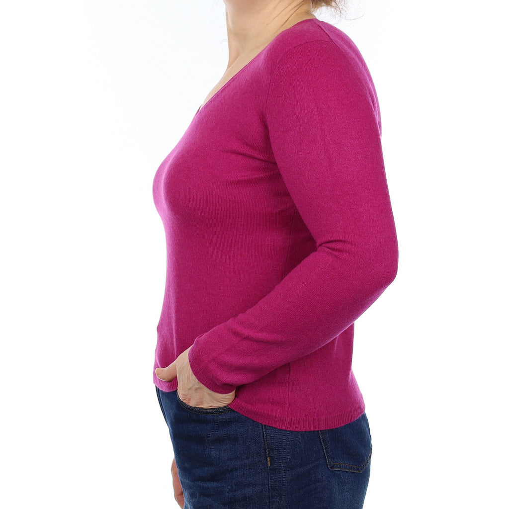 Magenta Pink Cashmere V Neck Jumper Medium
