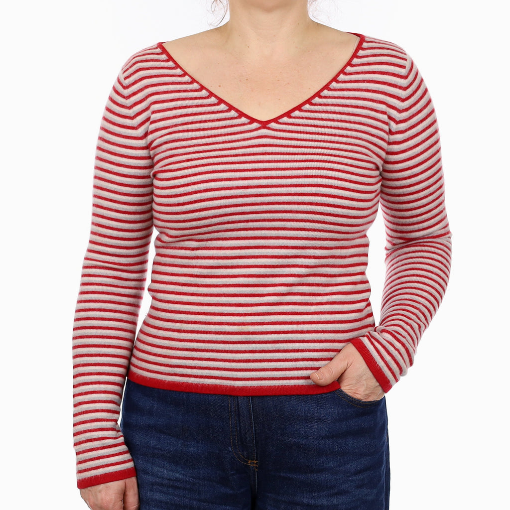 Red Stripe Cashmere V Neck Jumper Medium