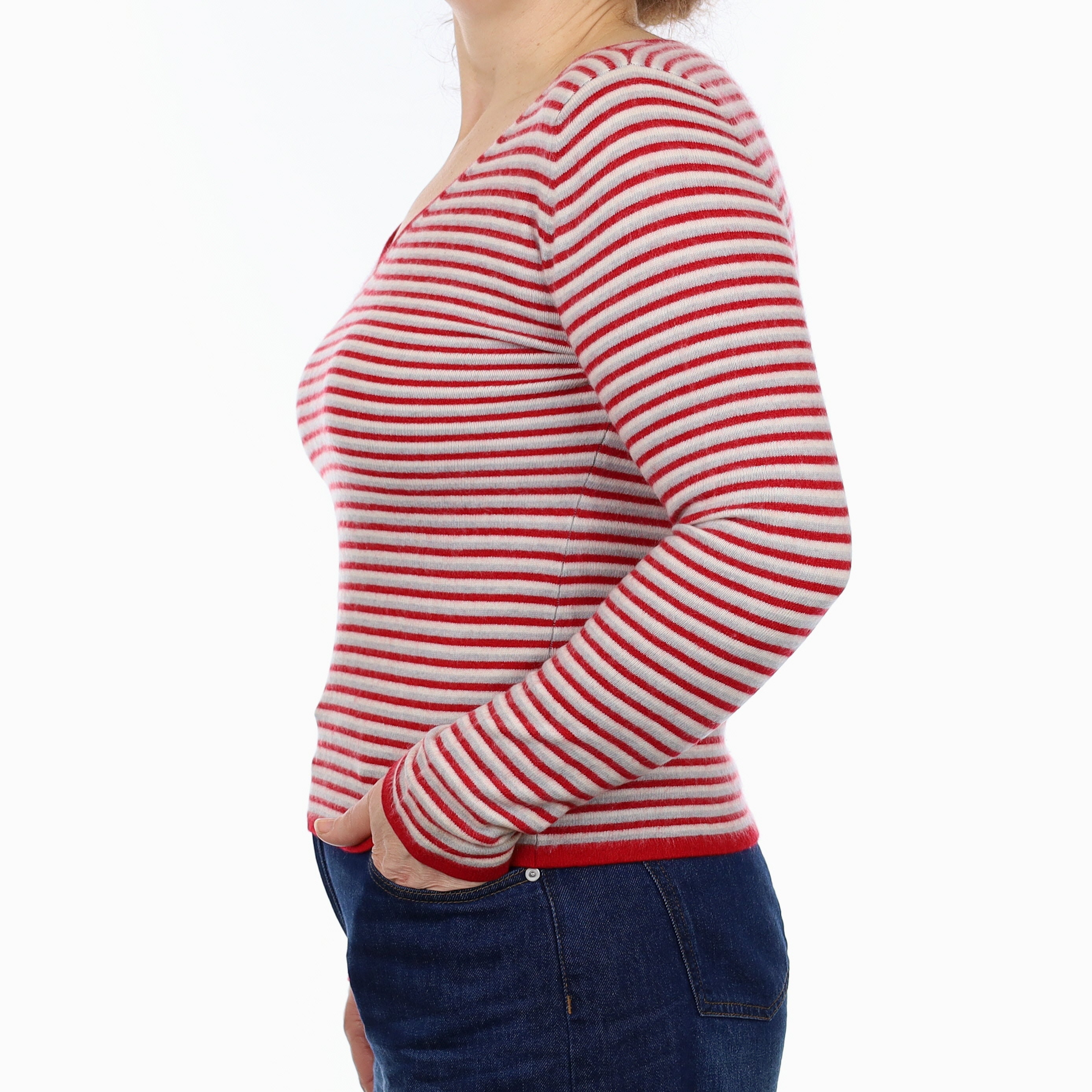 Red Stripe Cashmere V Neck Jumper Medium