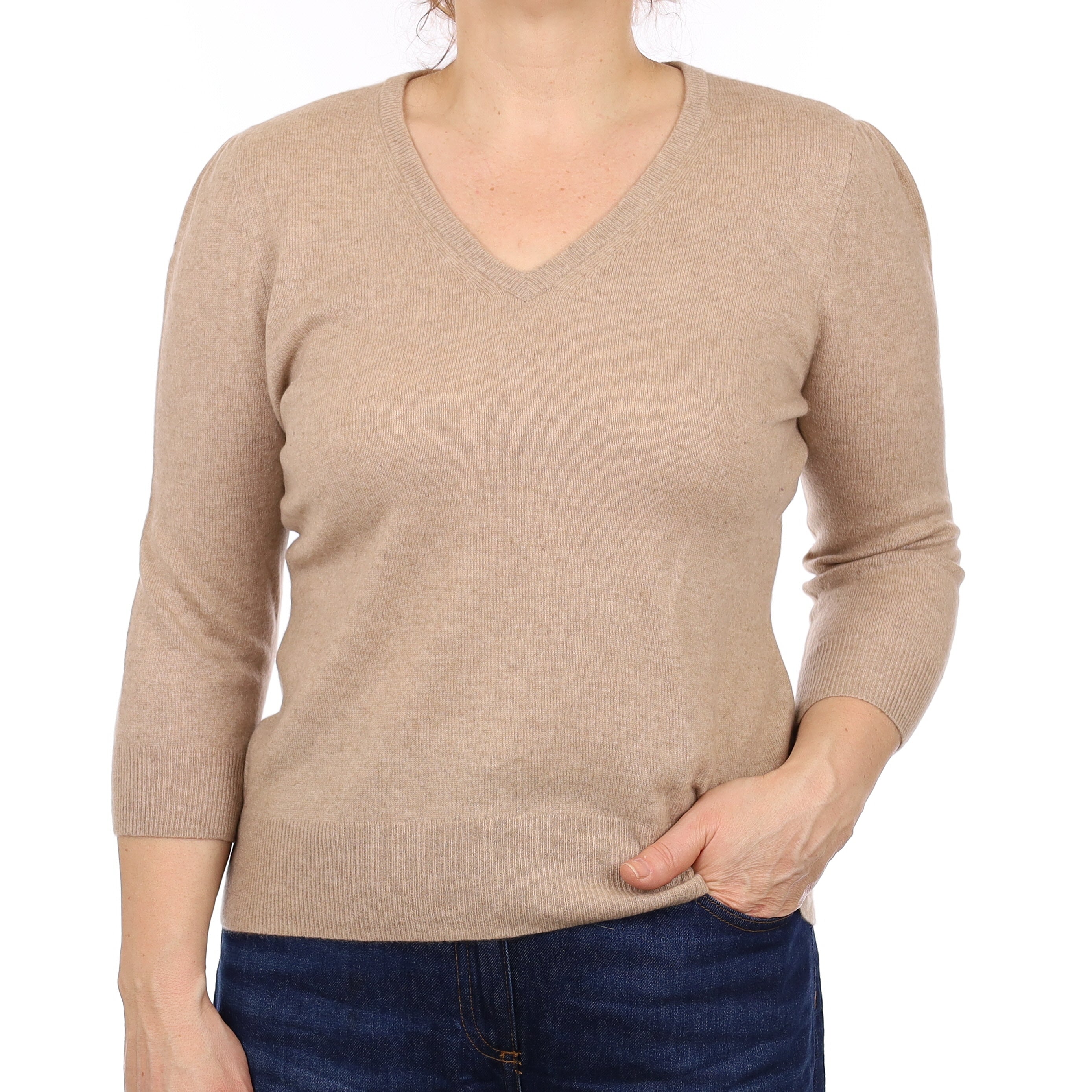 Biscuit Brown Cashmere 3/4 Sleeve V Neck Jumper Medium