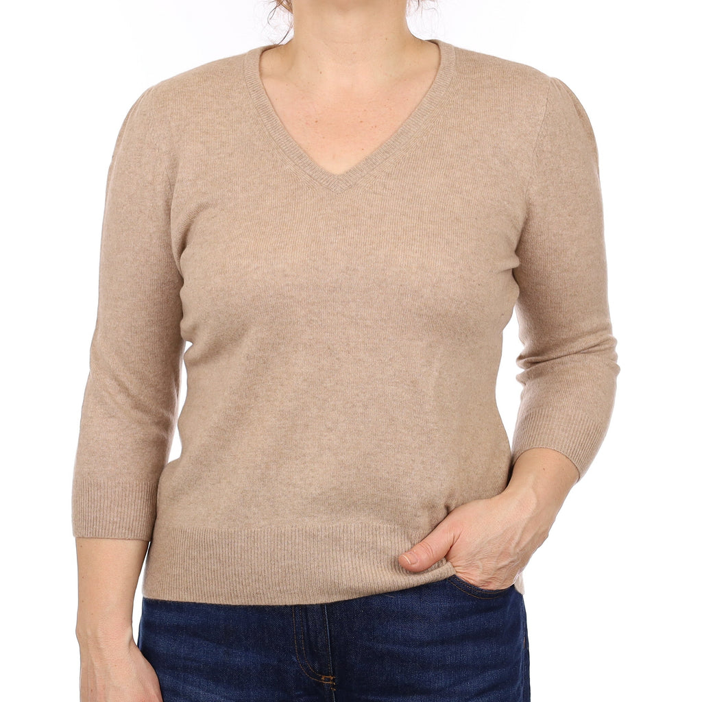 Biscuit Brown Cashmere 3/4 Sleeve V Neck Jumper Medium