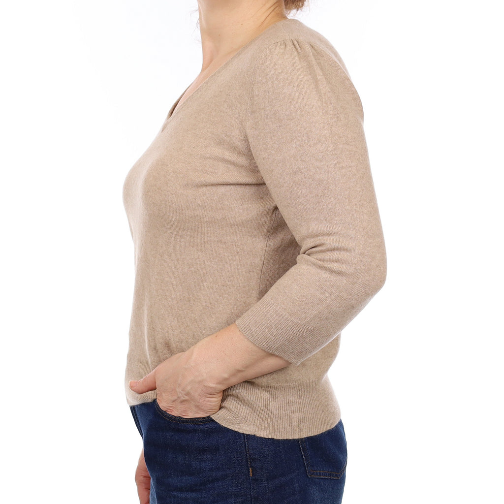 Biscuit Brown Cashmere 3/4 Sleeve V Neck Jumper Medium