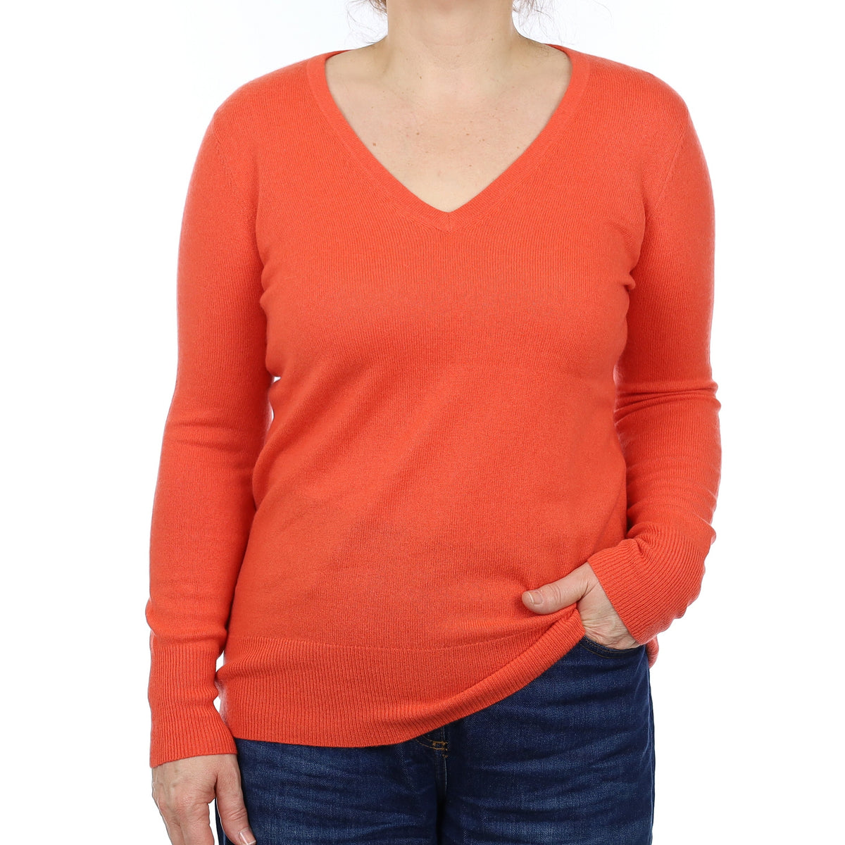 Fiery Orange Cashmere Longline V Neck Jumper Medium