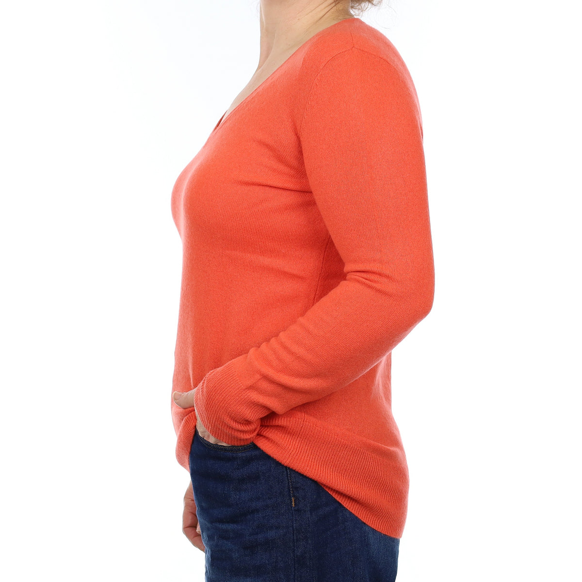 Fiery Orange Cashmere Longline V Neck Jumper Medium