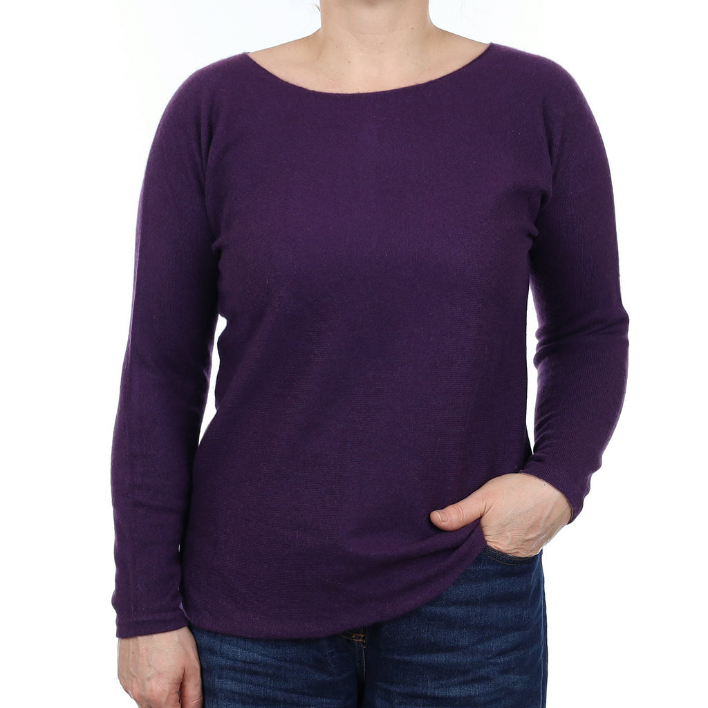 Blueberry Purple Cashmere Button Back Slash Neck Jumper Medium