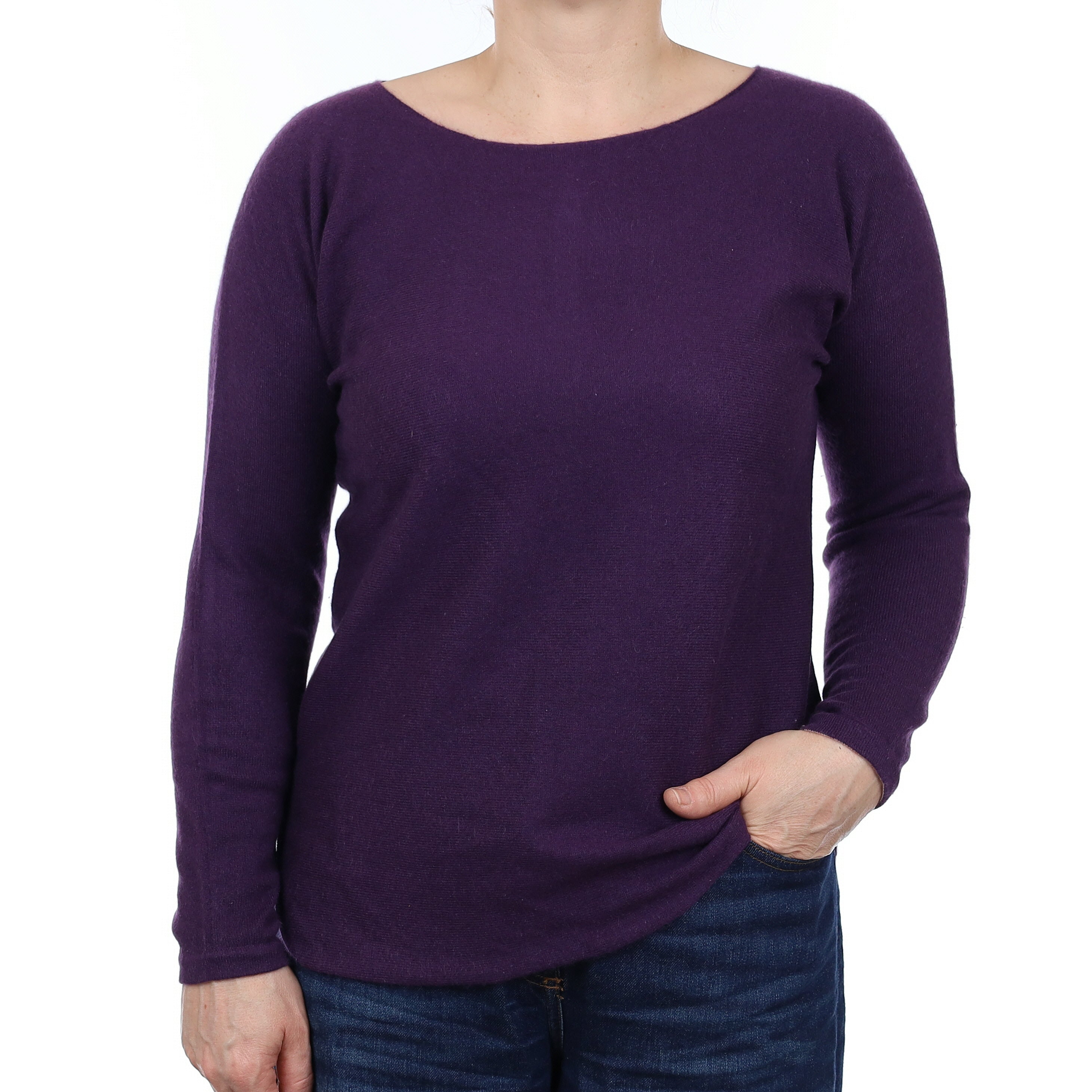 Blueberry Purple Cashmere Button Back Slash Neck Jumper Medium