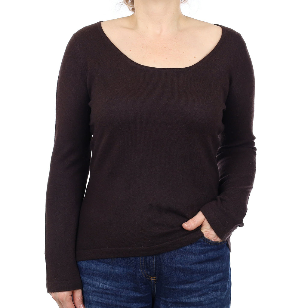 Chocolate Brown Cashmere Scoop Neck Jumper Medium