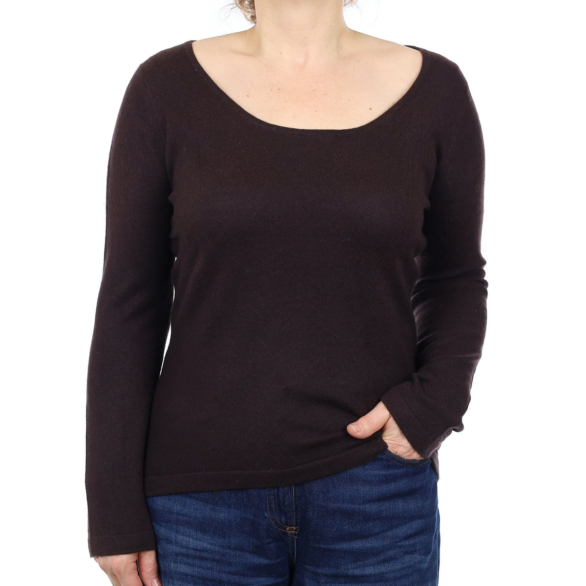Chocolate Brown Cashmere Scoop Neck Jumper Medium