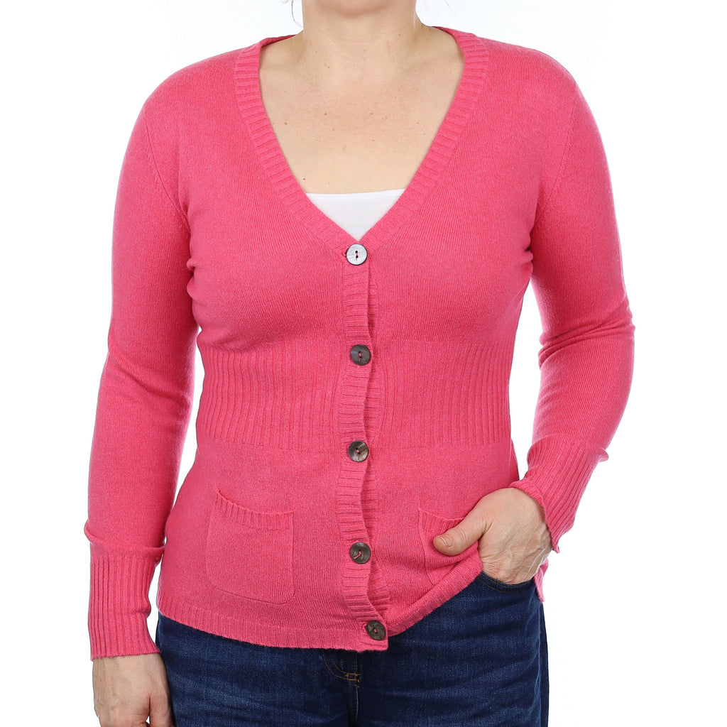 Rose Pink Cashmere V Neck Cardigan with Pockets Medium