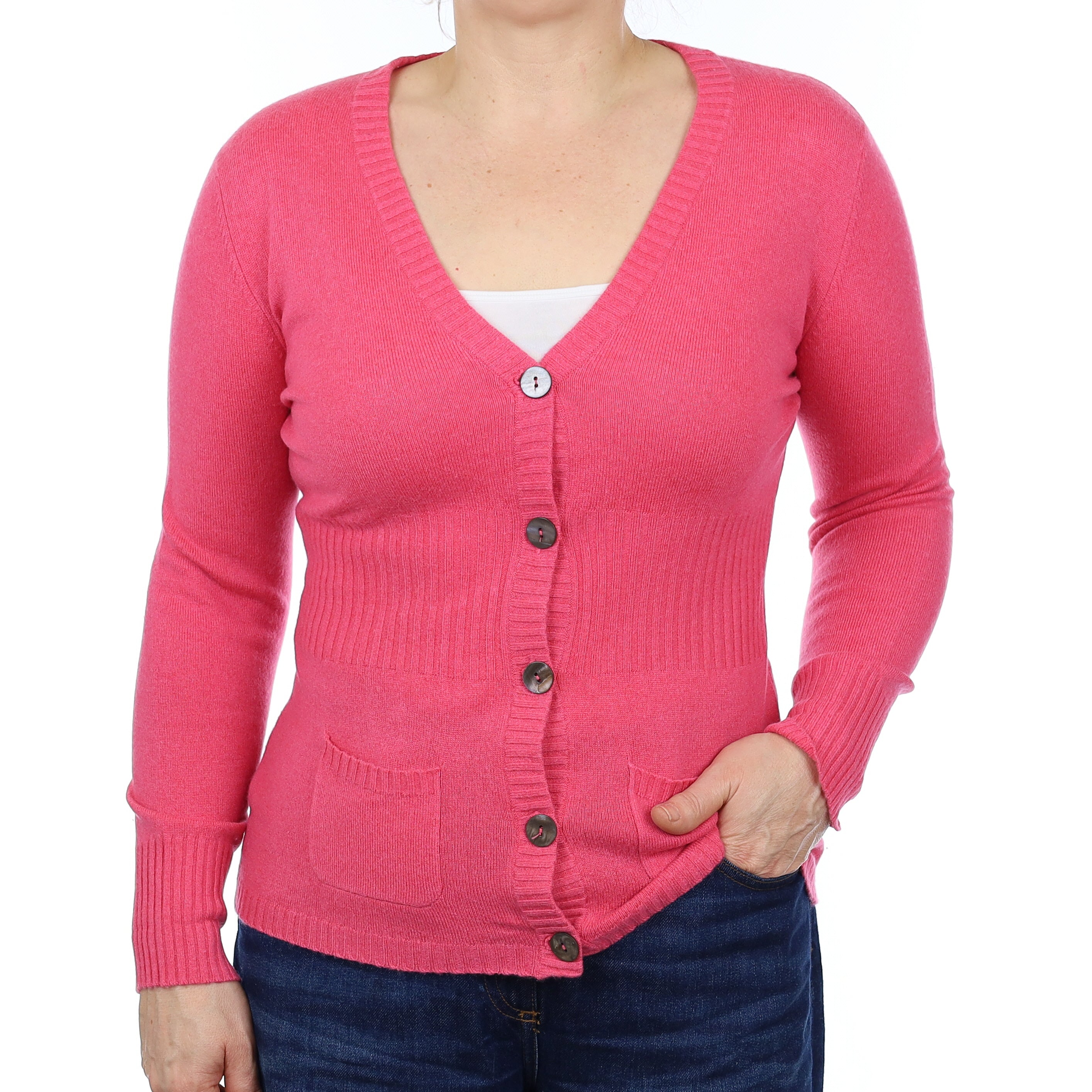 Rose Pink Cashmere V Neck Cardigan with Pockets Medium