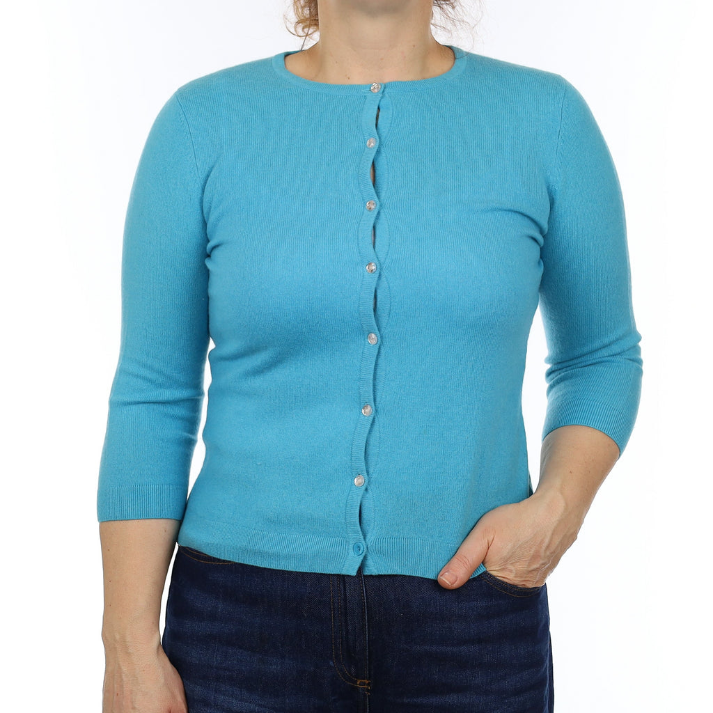 Turquoise Blue Cashmere 3/4 Sleeve Crew Neck Cardigan Medium