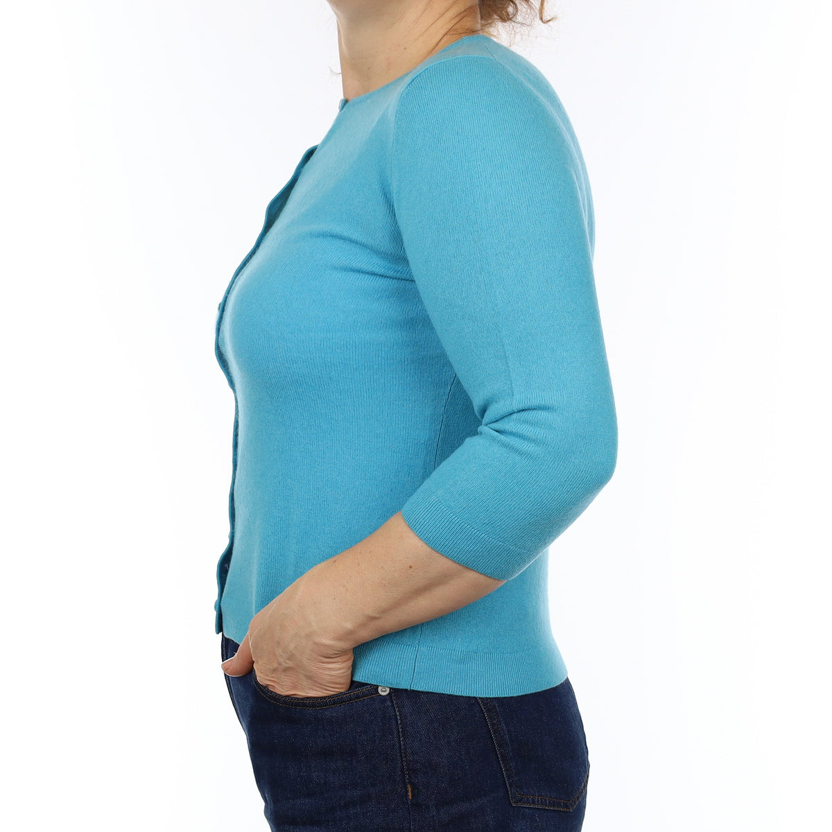 Turquoise Blue Cashmere 3/4 Sleeve Crew Neck Cardigan Medium