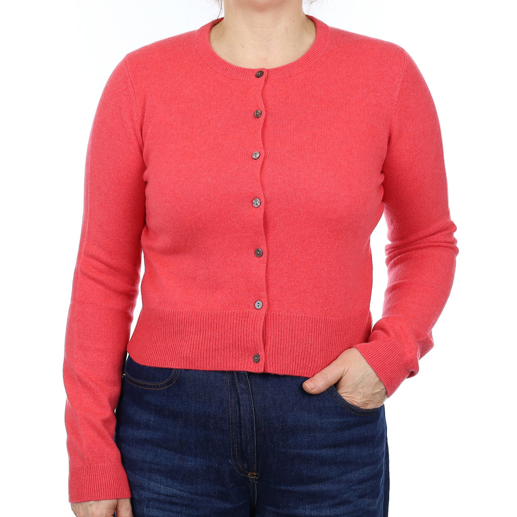 Strawberry Pink Cashmere Cropped Crew Neck Cardigan Medium