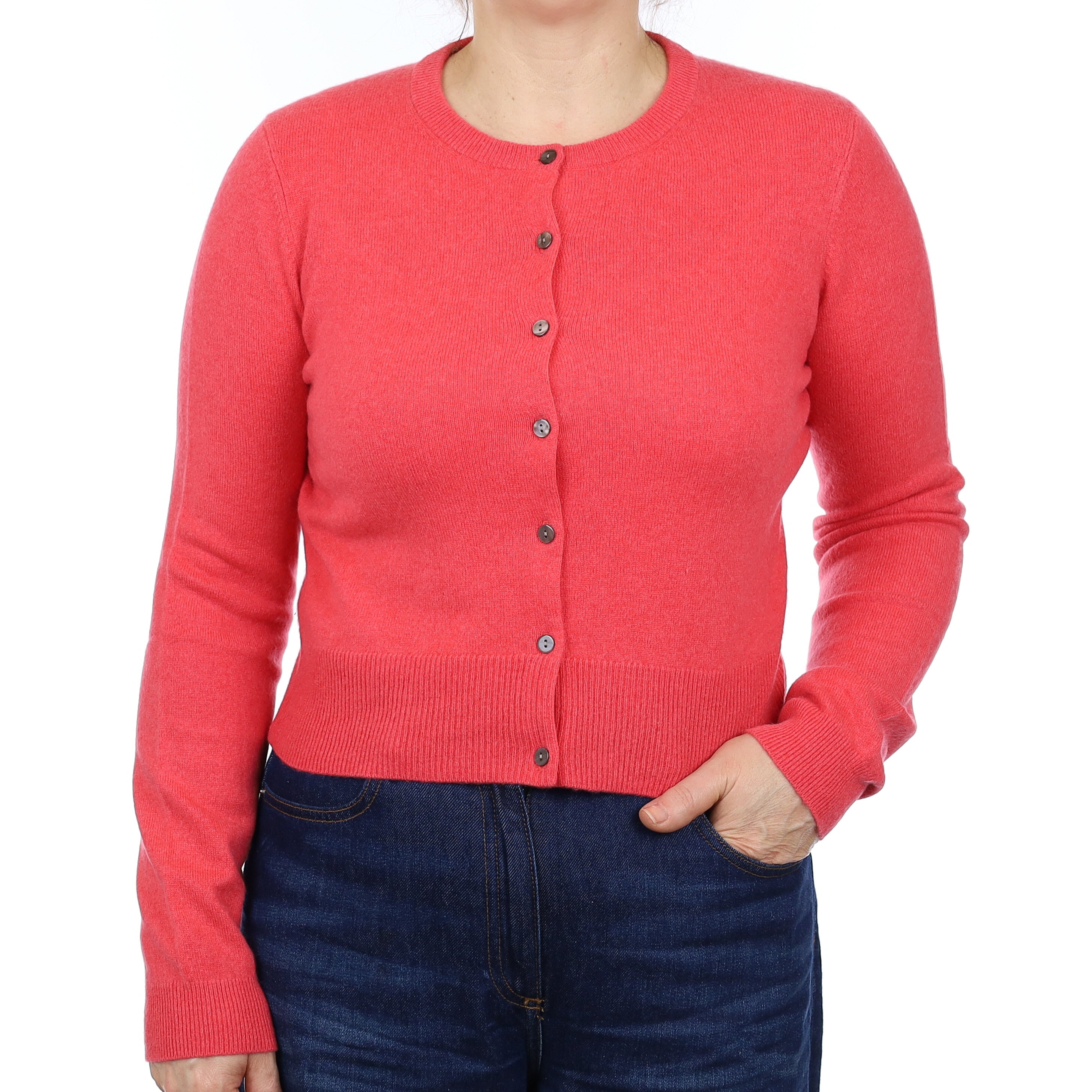 Strawberry Pink Cashmere Cropped Crew Neck Cardigan Medium