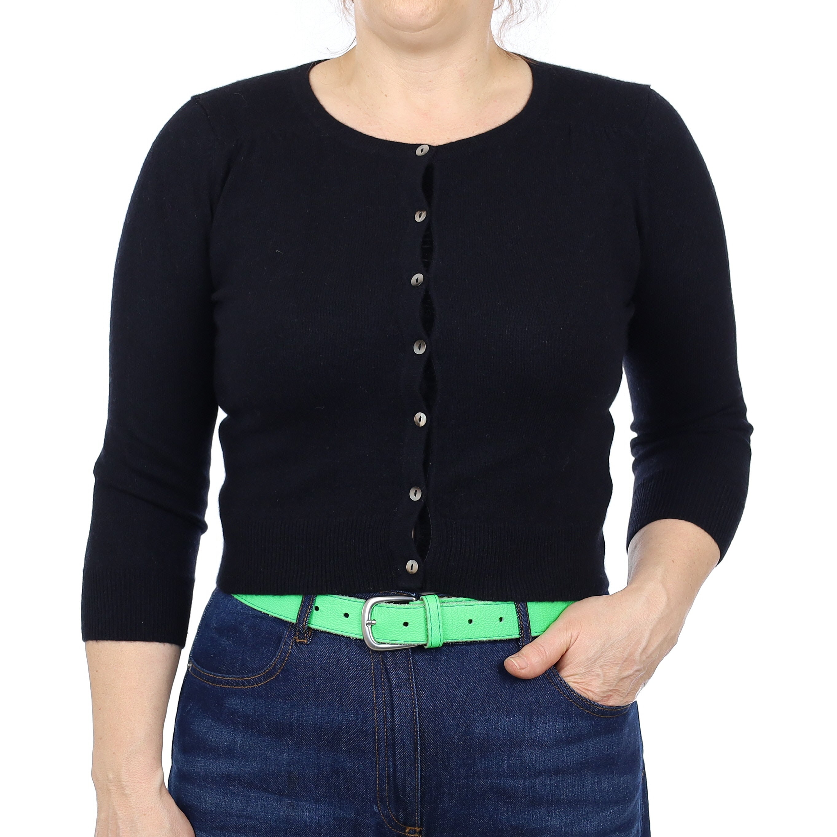 Black Cashmere Cropped Crew Neck Cardigan Medium