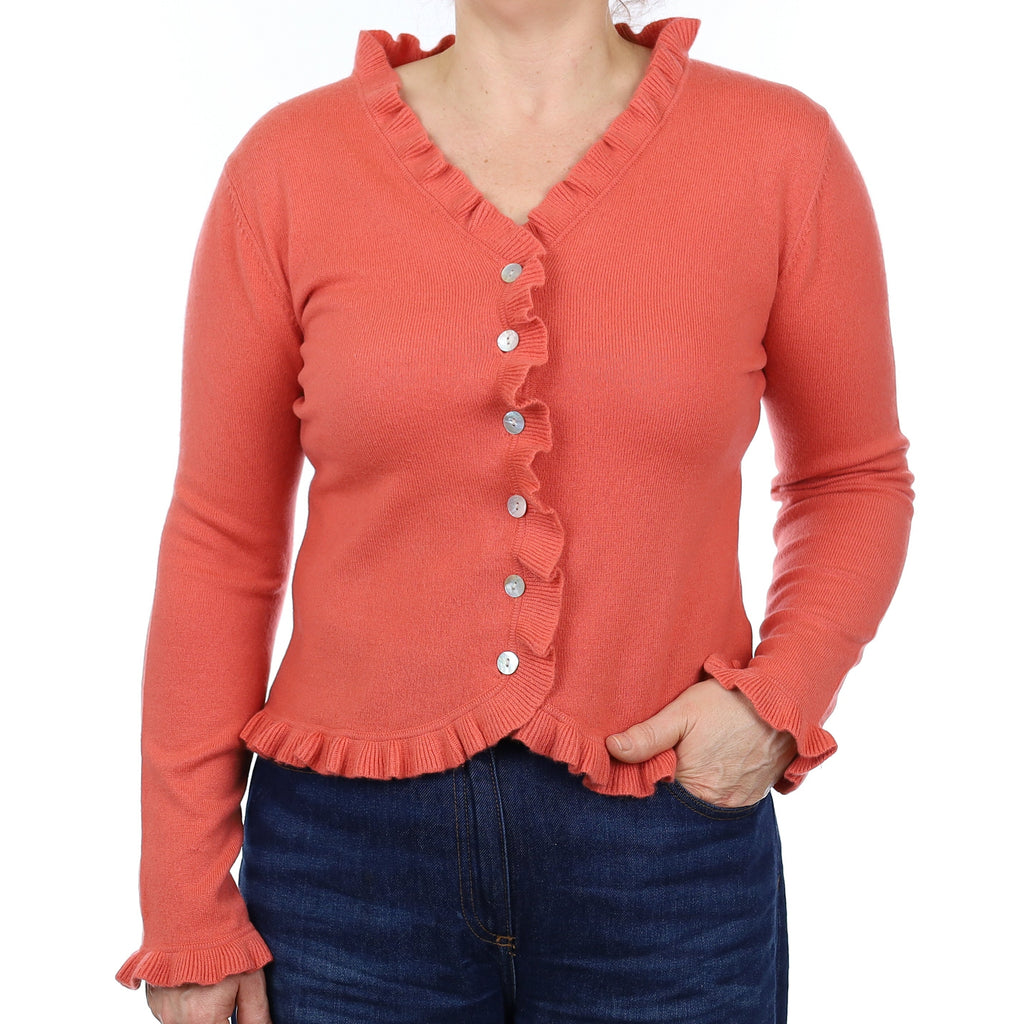 Coral Orange Cashmere Ruffle Edged Cardigan Medium
