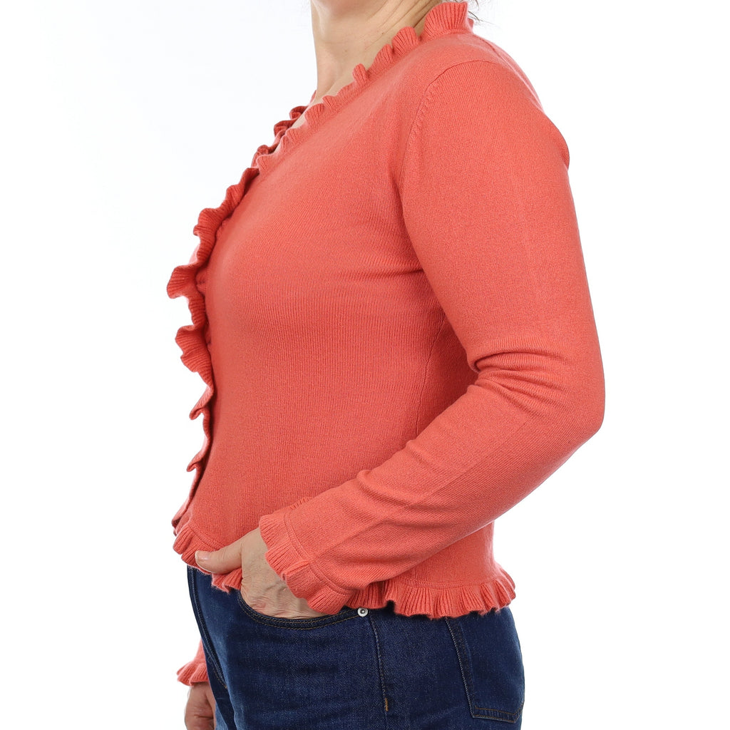 Coral Orange Cashmere Ruffle Edged Cardigan Medium
