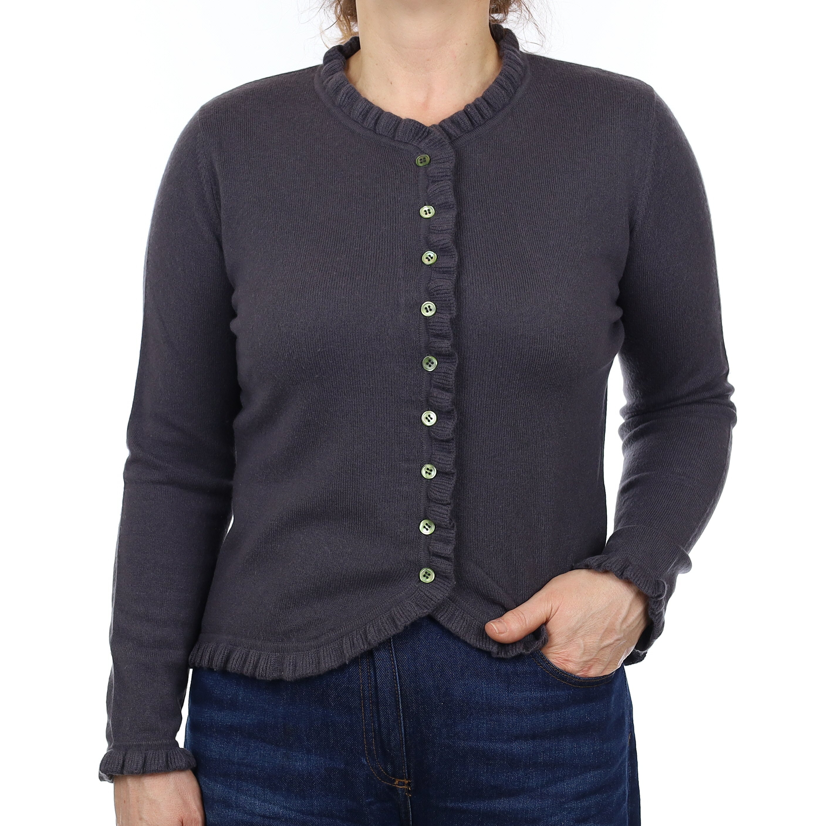 Shadow Grey Cashmere Ruffle Edged Cardigan Medium