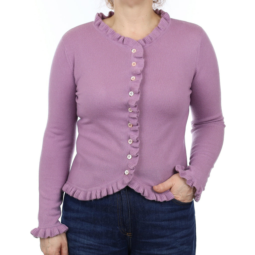 Dusky Lavender Purple Cashmere Ruffle Edged Cardigan Medium