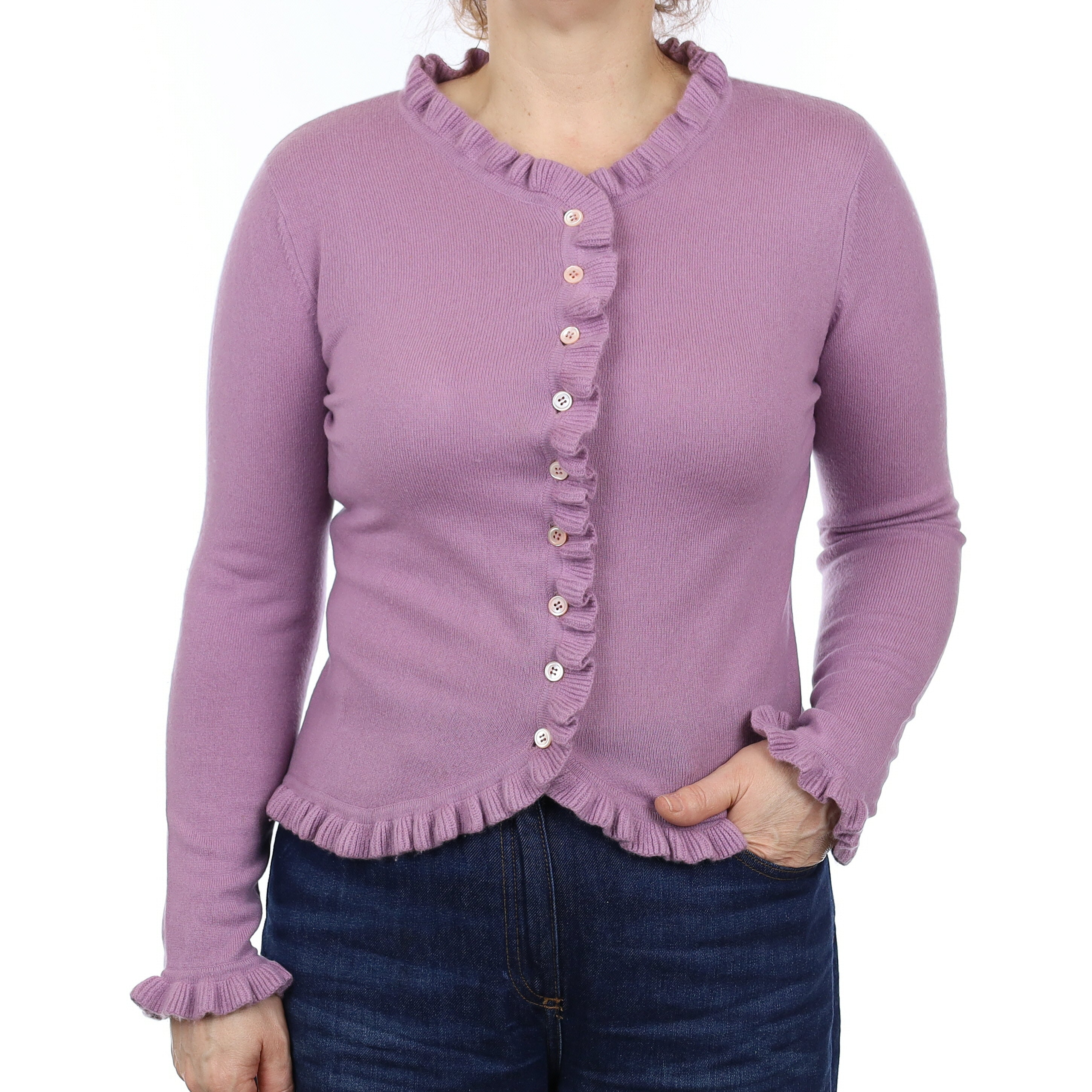 Dusky Lavender Purple Cashmere Ruffle Edged Cardigan Medium