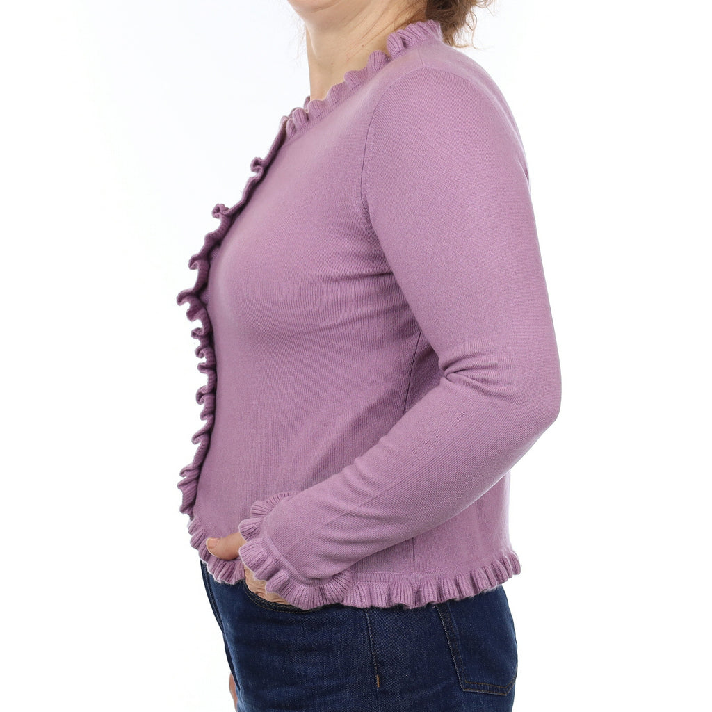 Dusky Lavender Purple Cashmere Ruffle Edged Cardigan Medium