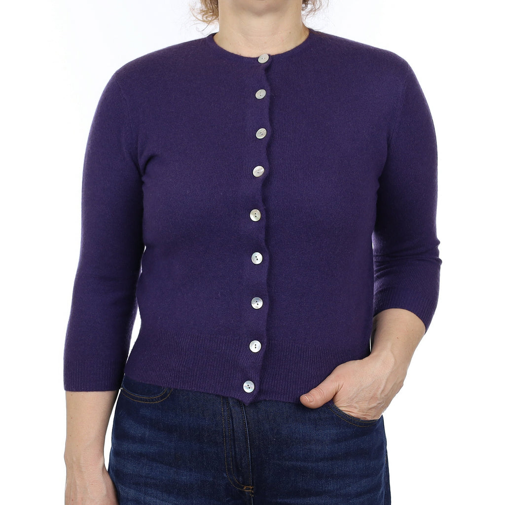 House of Bruar Shadow Purple Cashmere 3/4 Sleeve Crew Neck Cardigan Medium