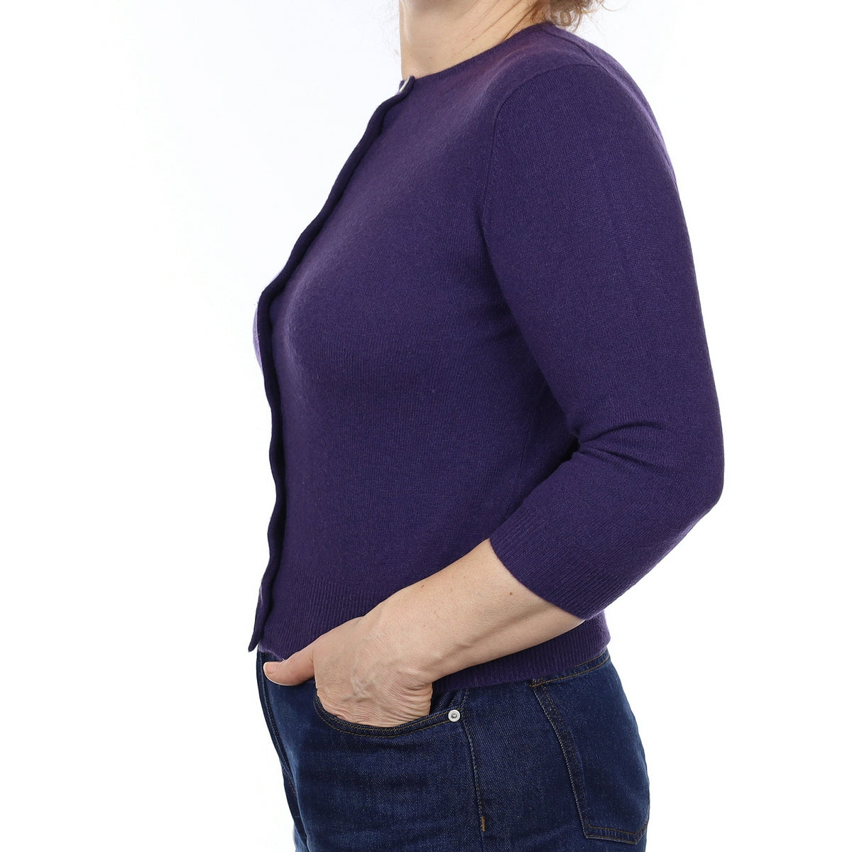 House of Bruar Shadow Purple Cashmere 3/4 Sleeve Crew Neck Cardigan Medium