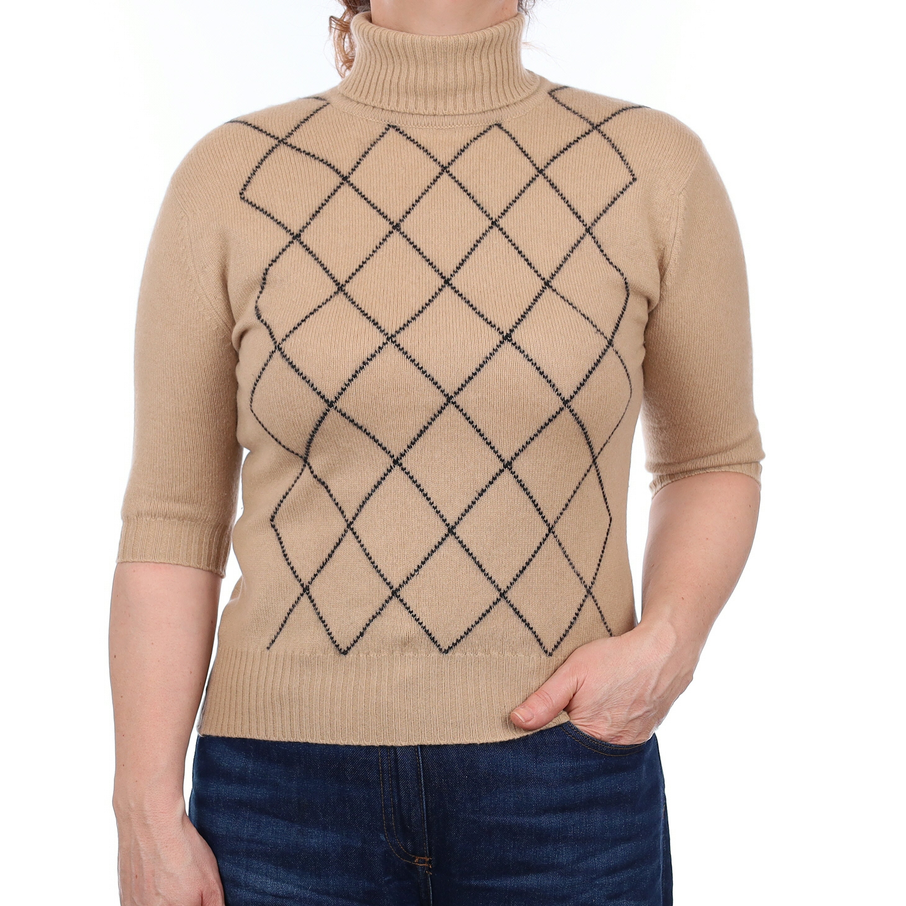 Camel Check Heavy Knit Cashmere Short Sleeve Polo Neck Jumper Medium