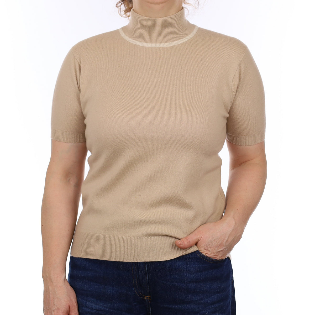 Beige Cashmere Short Sleeve Turtleneck Jumper Medium