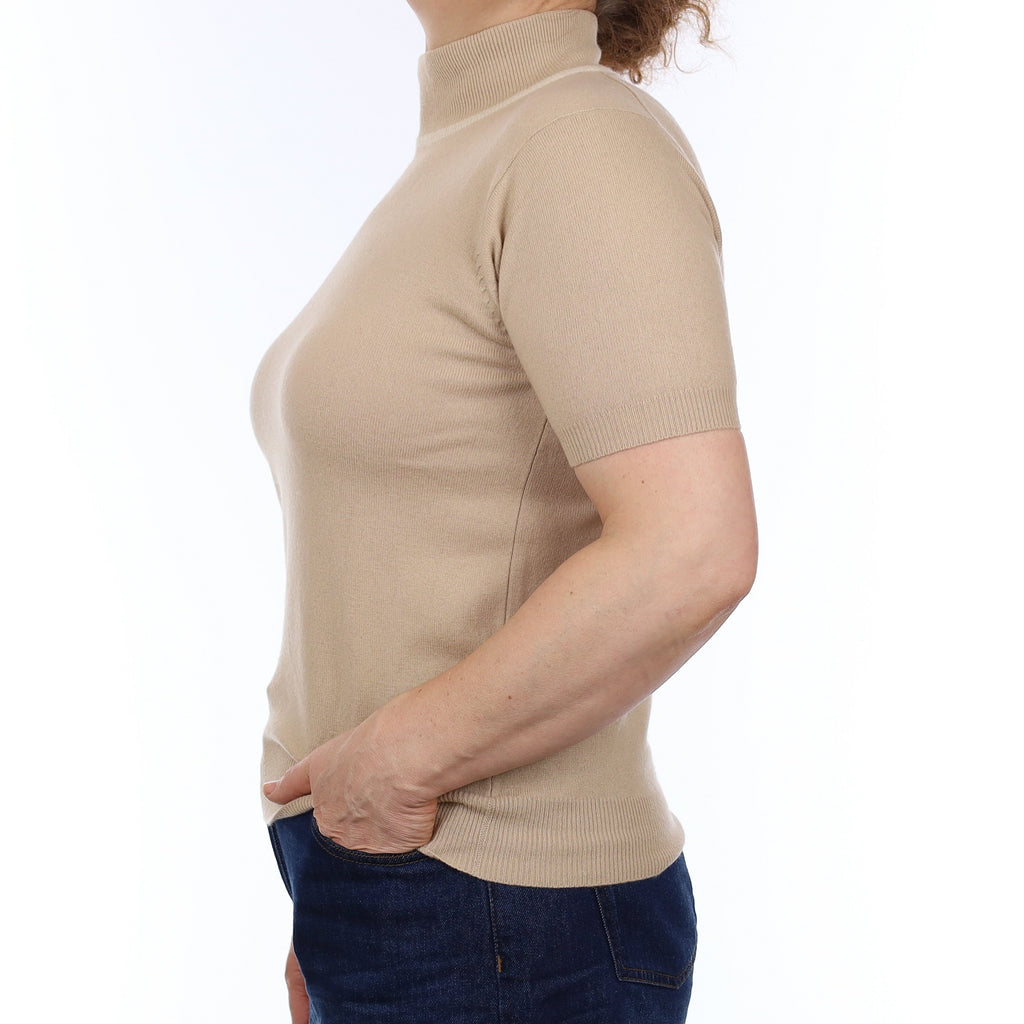 Beige Cashmere Short Sleeve Turtleneck Jumper Medium