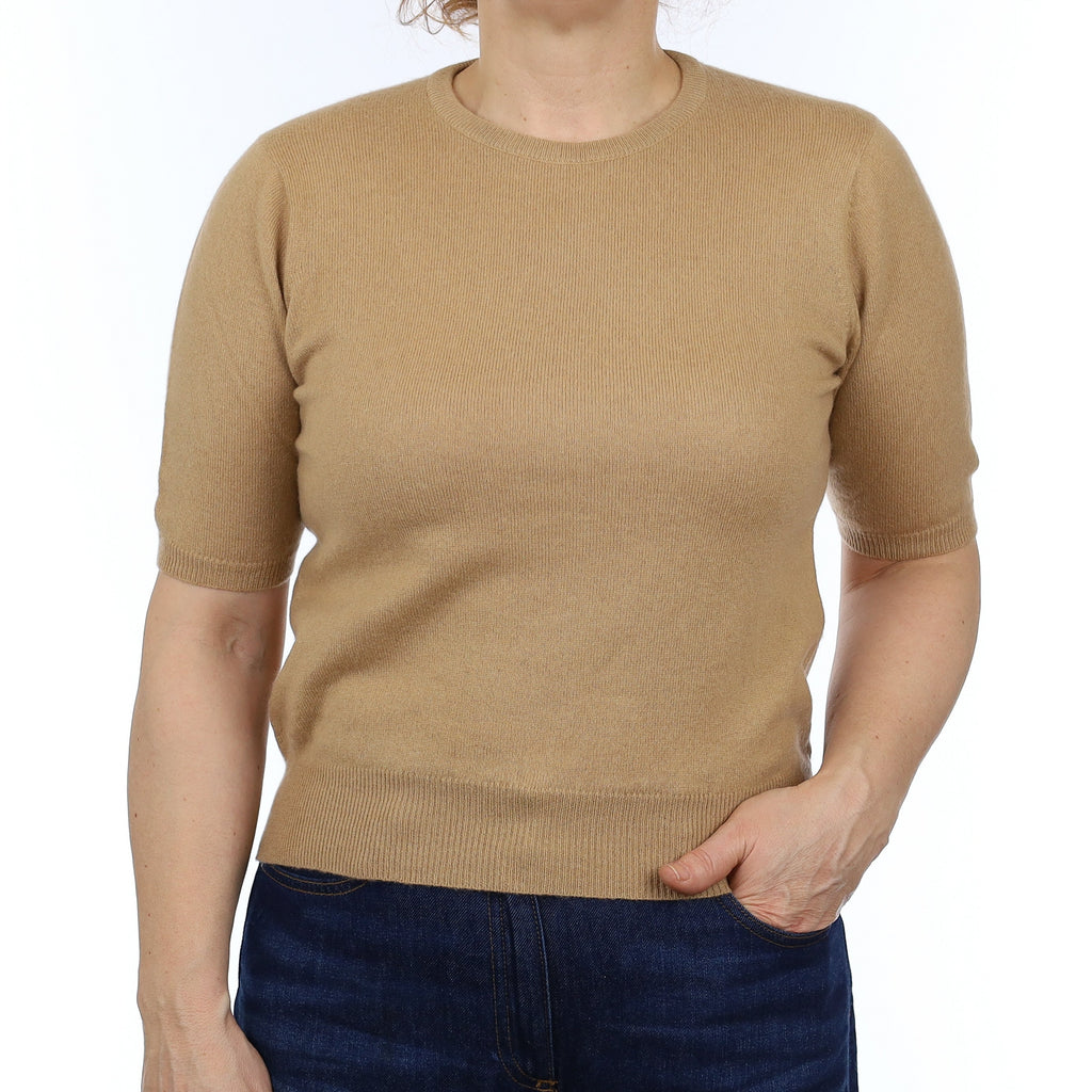 Caramel Brown Cashmere Short Sleeve Crew Neck Jumper Medium