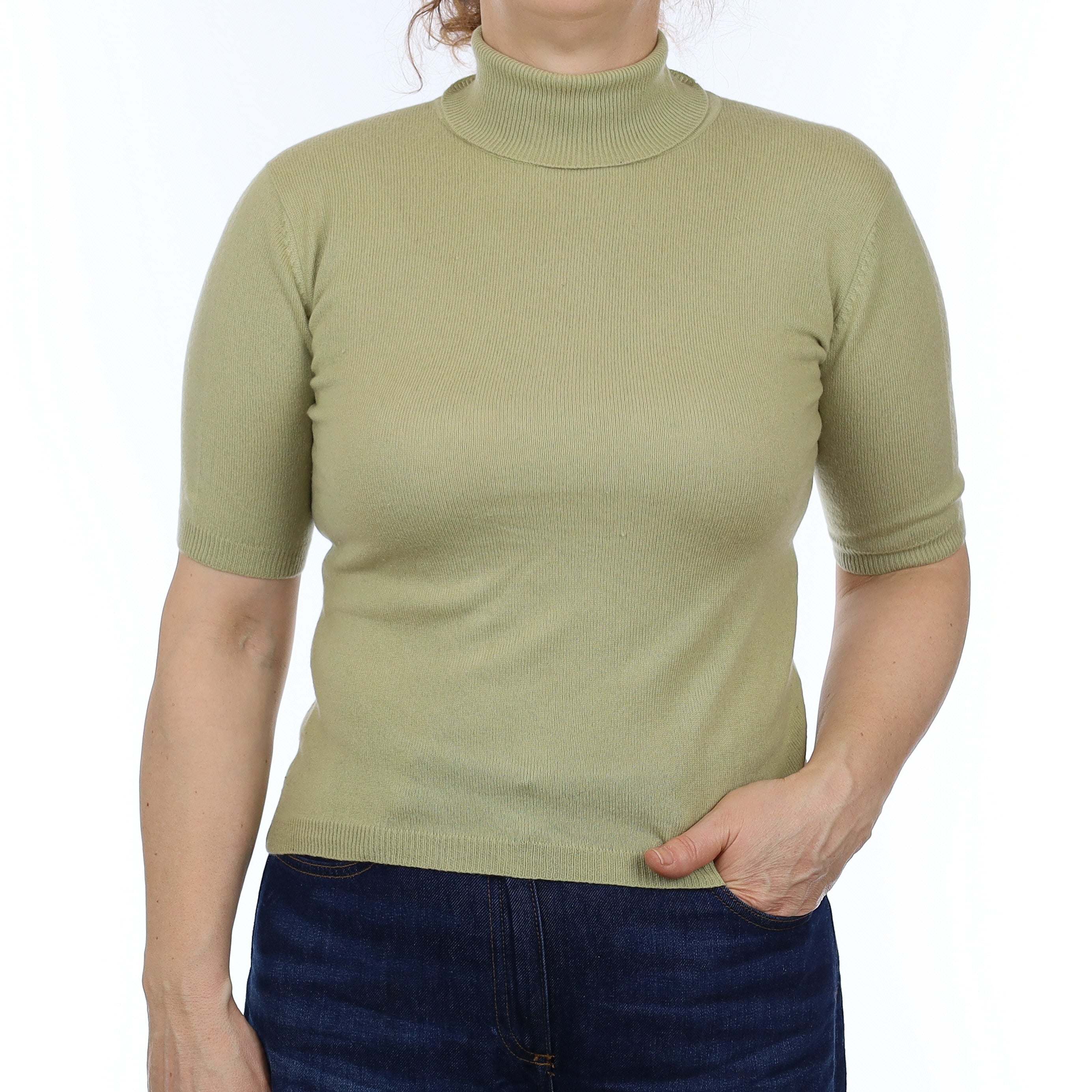 Pistachio Green Cashmere Short Sleeve Polo Neck Jumper Medium