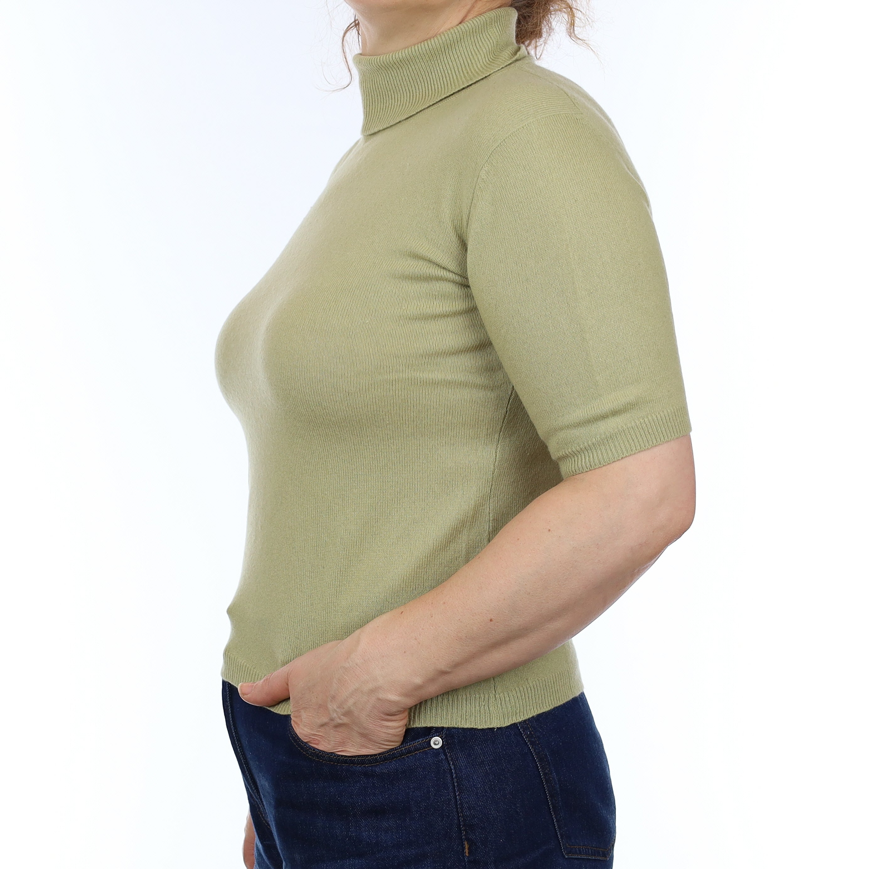 Pistachio Green Cashmere Short Sleeve Polo Neck Jumper Medium