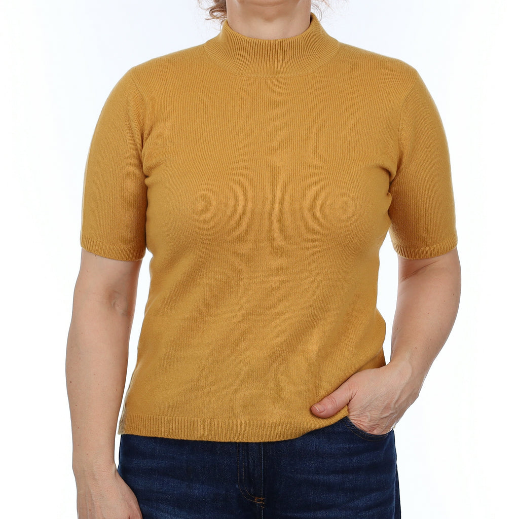 Mustard Yellow Cashmere Short Sleeve Turtleneck Jumper Medium