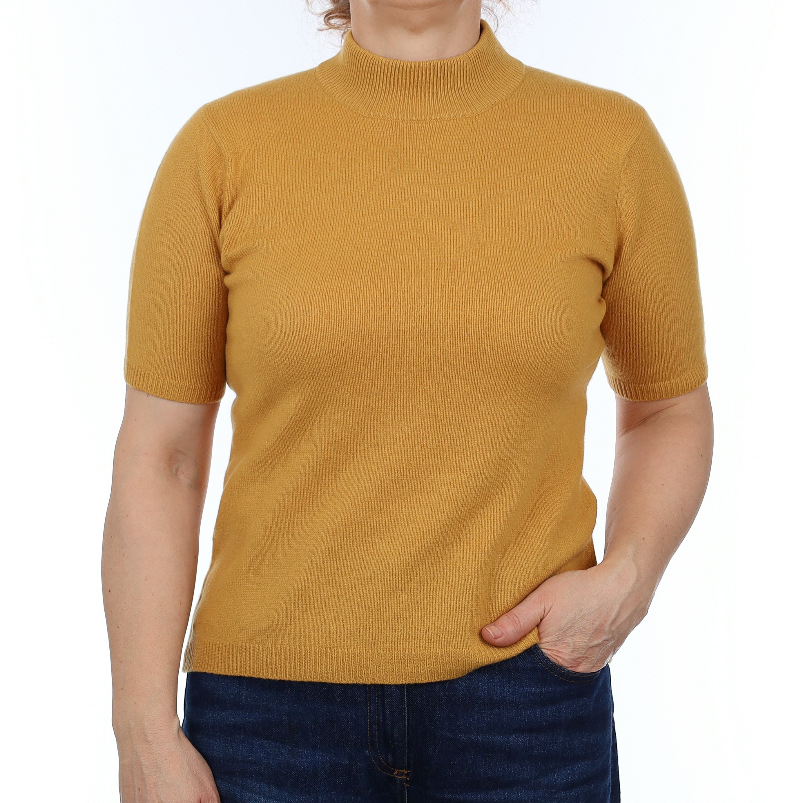 Mustard Yellow Cashmere Short Sleeve Turtleneck Jumper Medium