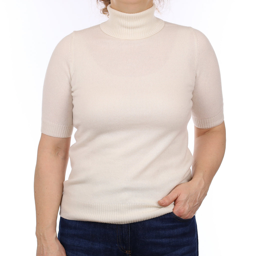 Ivory Cashmere Short Sleeve Polo Neck Jumper Medium