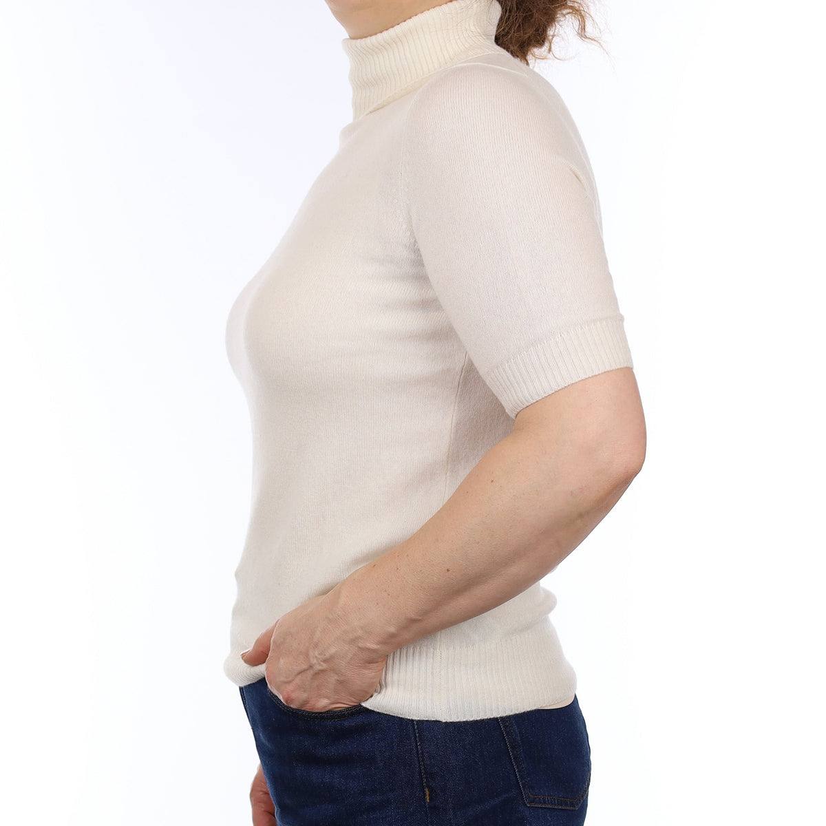 Ivory Cashmere Short Sleeve Polo Neck Jumper Medium
