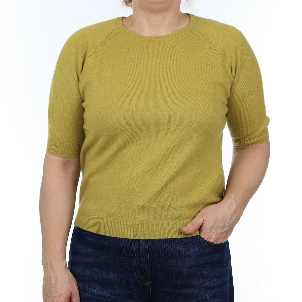 Lichen Green Cashmere Short Sleeve Crew Neck Jumper Medium