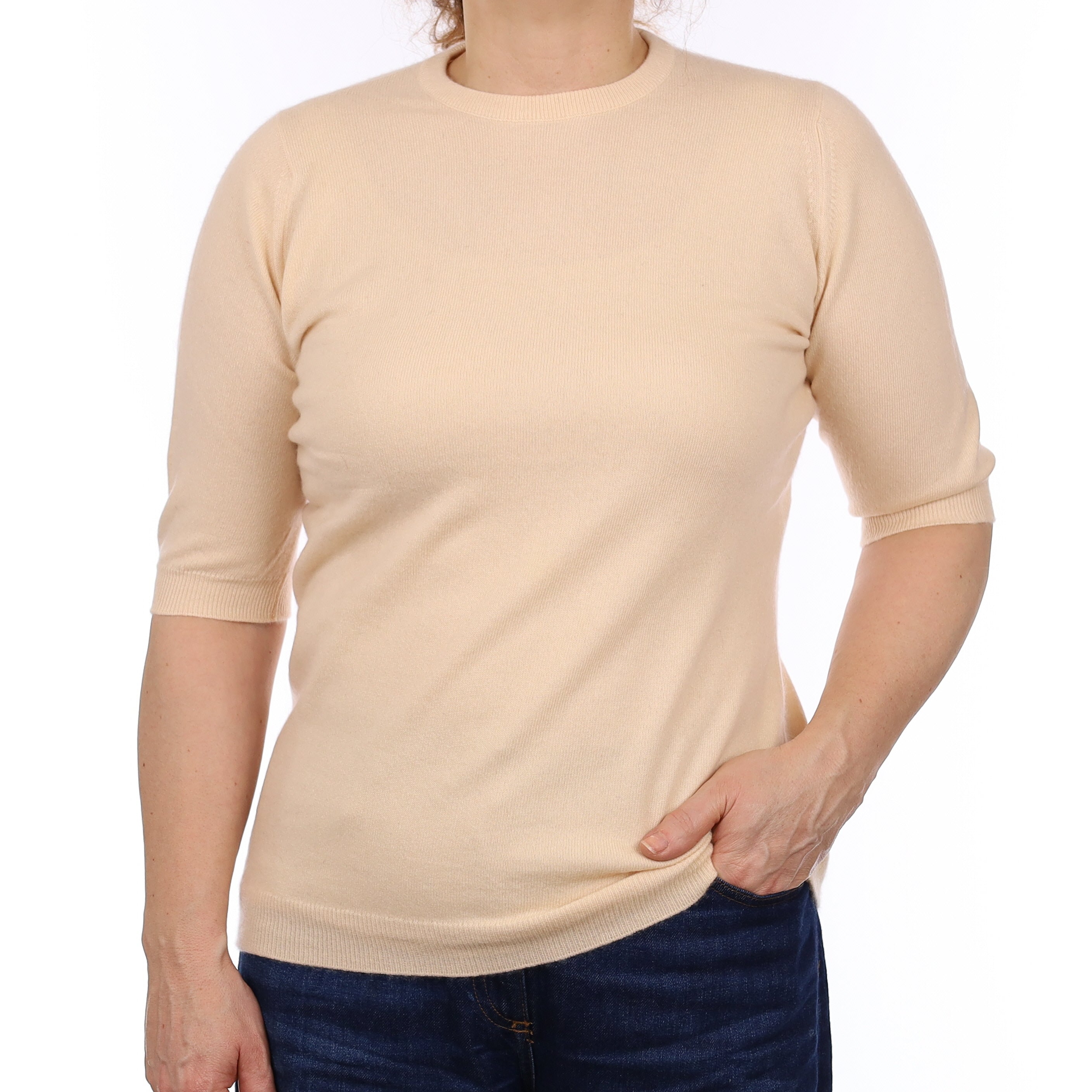 Scottish Pale Apricot Cashmere Short Sleeve Crew Neck Jumper Medium