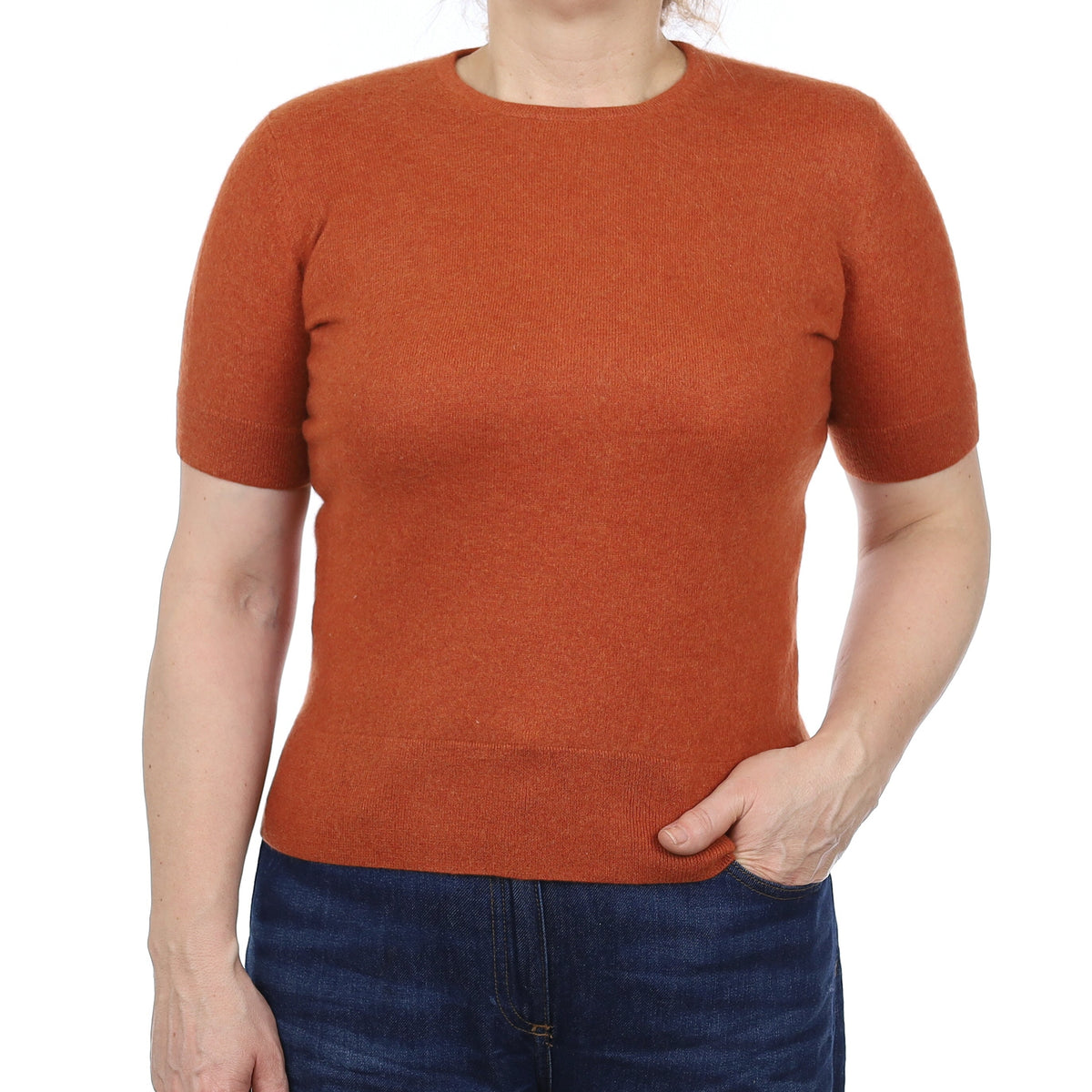 English Burnt Orange Cashmere Short Sleeve Crew Neck Jumper Medium