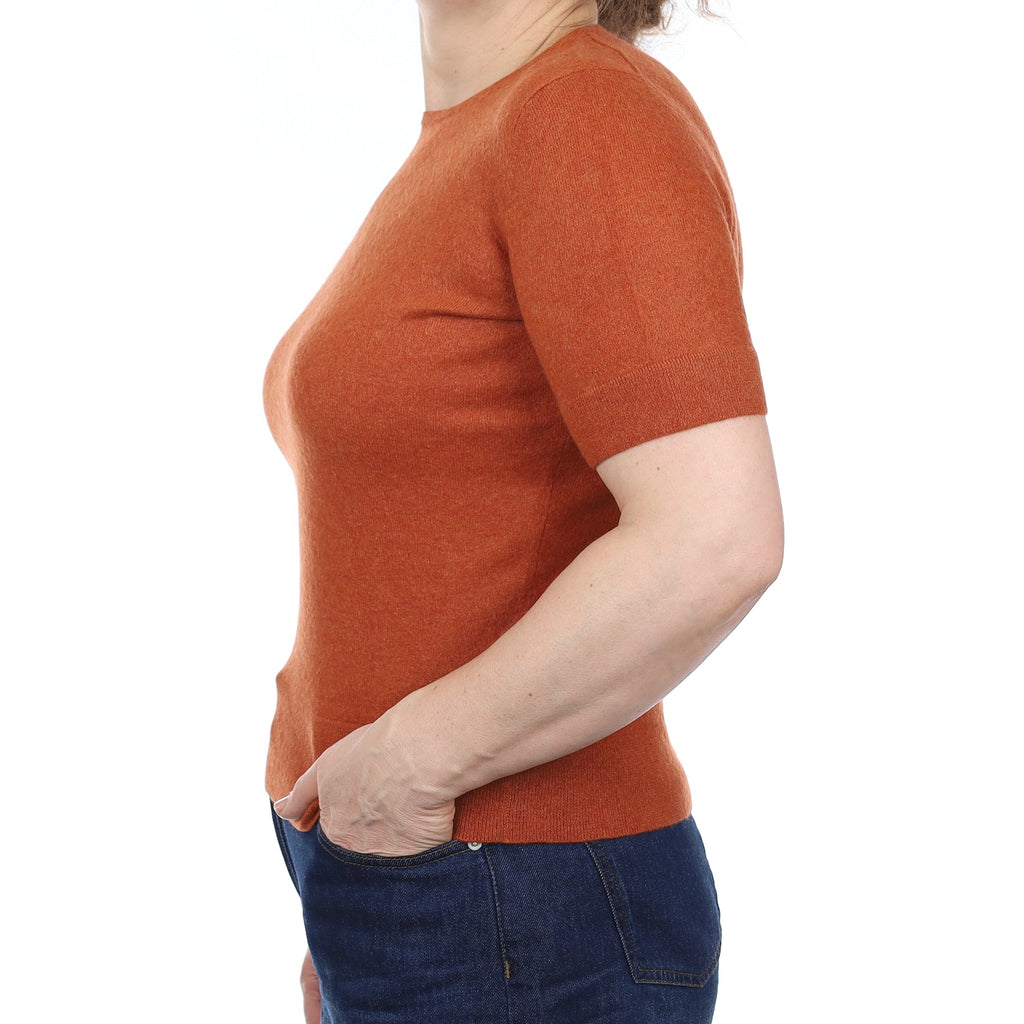 English Burnt Orange Cashmere Short Sleeve Crew Neck Jumper Medium