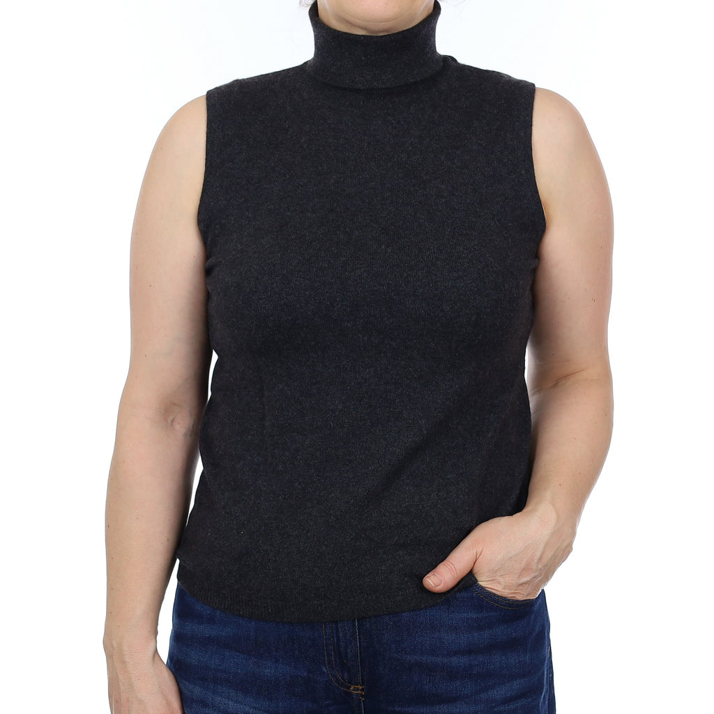 Charcoal Grey Cashmere Sleeveless Turtleneck Jumper Medium