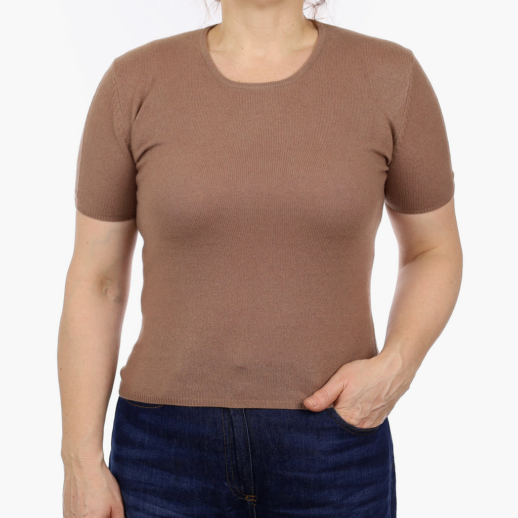 Nutmeg Brown Cashmere Short Sleeve Crew Neck Jumper Medium