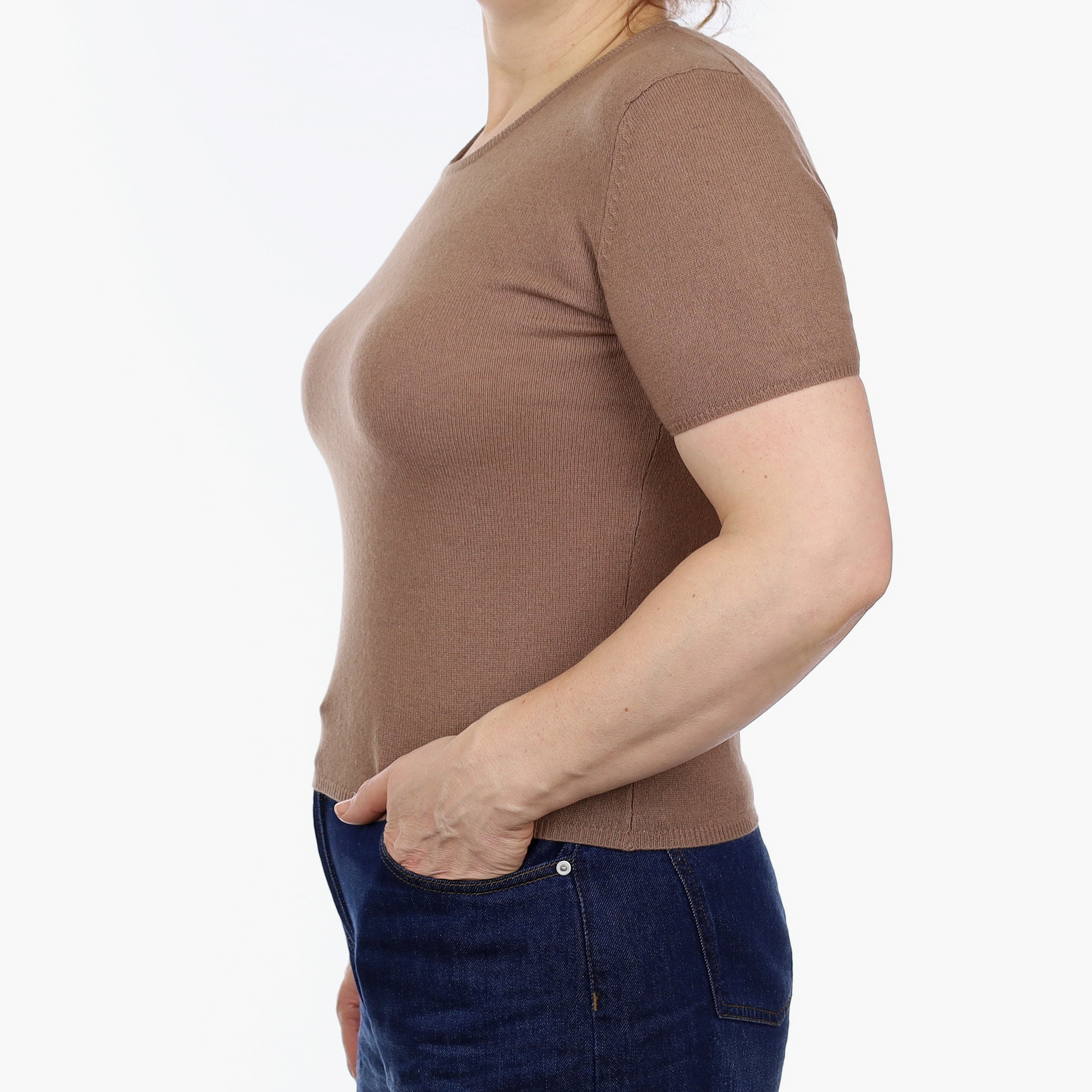 Nutmeg Brown Cashmere Short Sleeve Crew Neck Jumper Medium